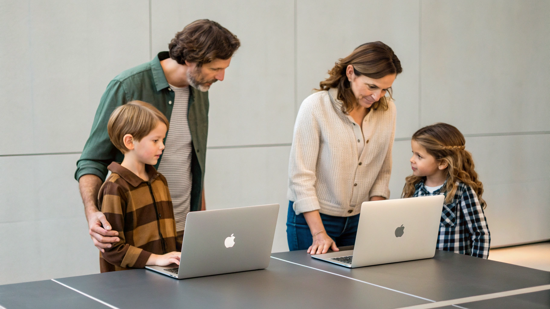 Семья выбирает между двумя MacBook разных размеров на столе