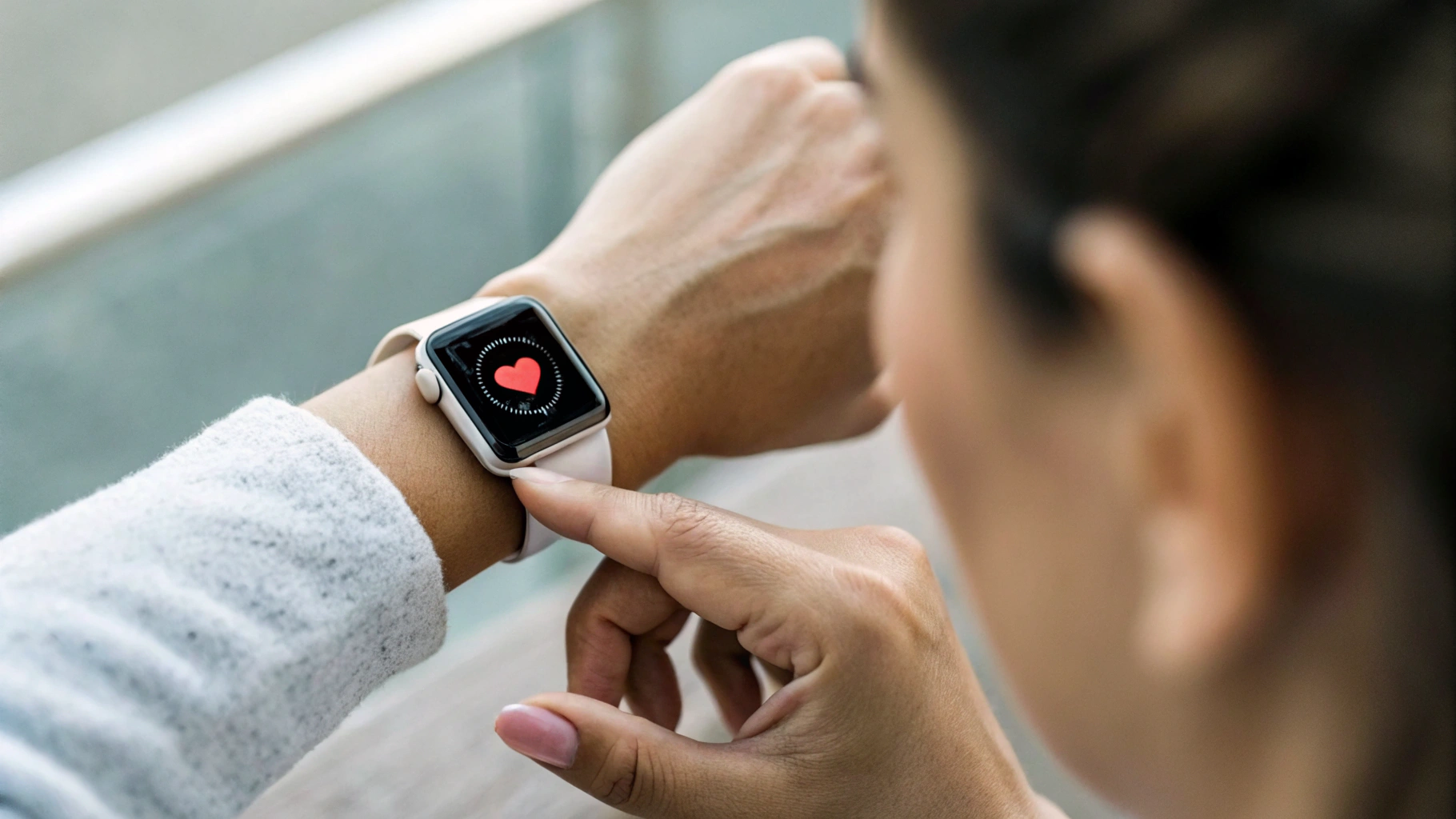 Пользователь смотрит показатели пульса и здоровья на экране Apple Watch