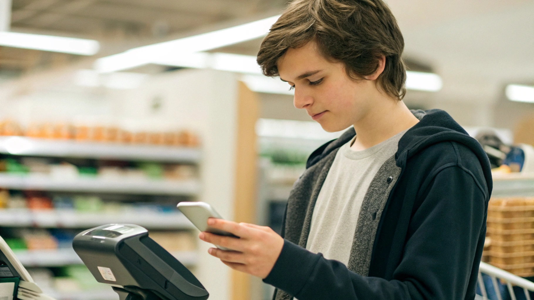 Подросток расплачивается iPhone через терминал бесконтактной оплаты в магазине