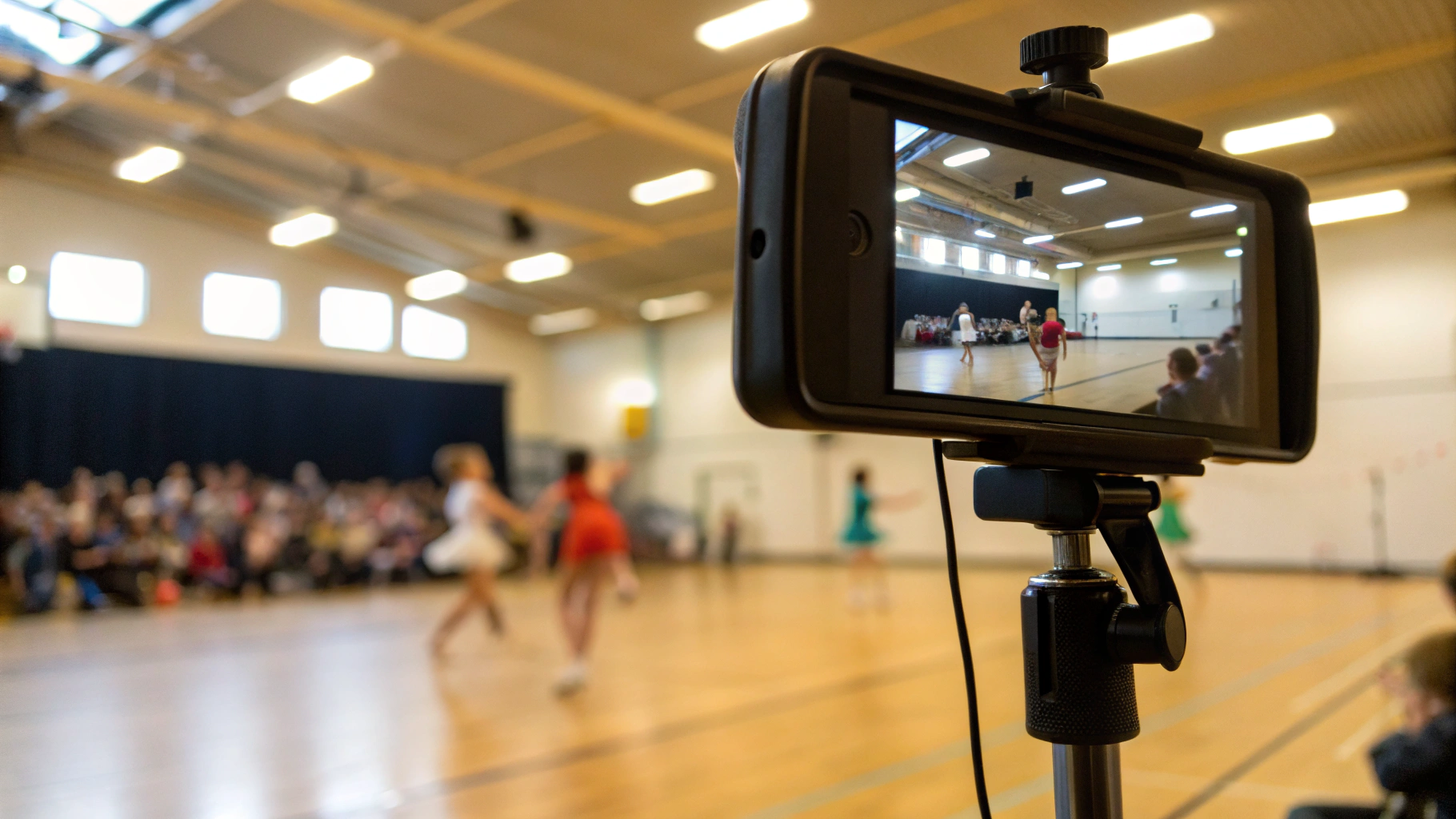 Смартфон записывает детское выступление на школьной сцене