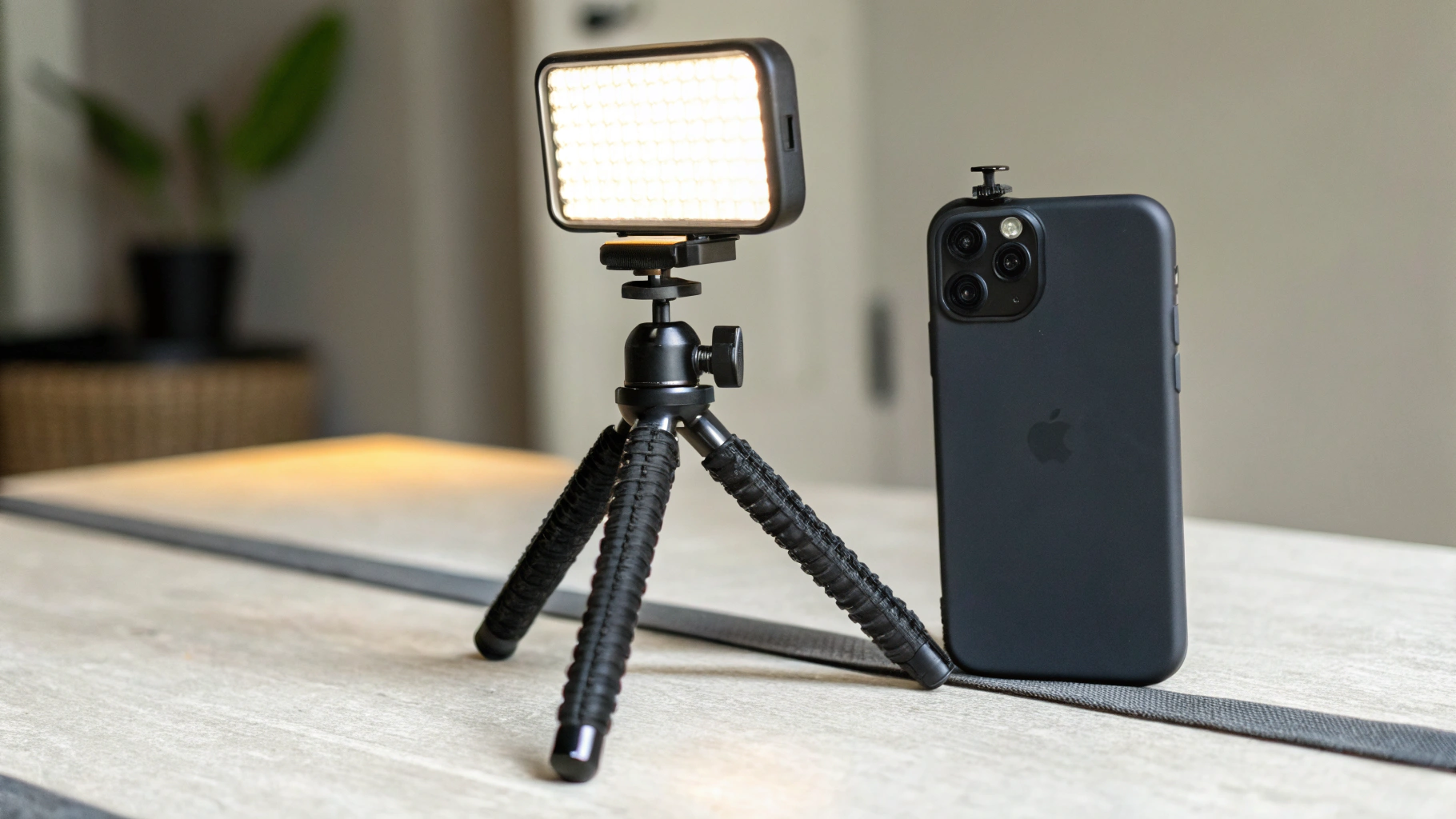 Недорогой смартфон с штативом и лампой для съёмки дома