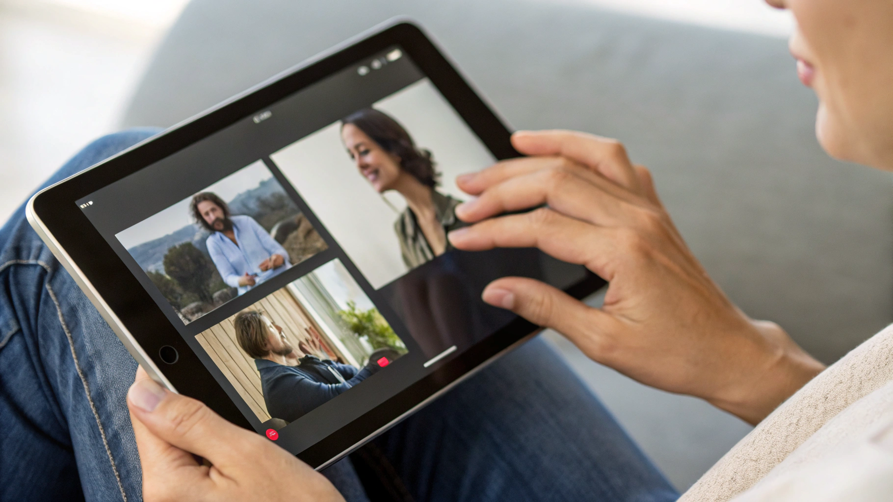 Пользователь держит iPad с открытым видеочатом и управлением фильмом