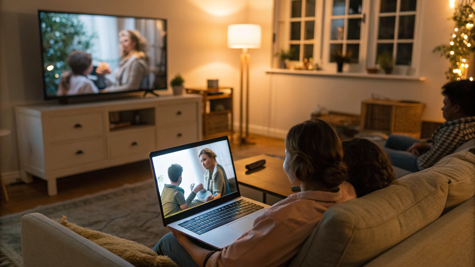 Ноутбук подключен к телевизору и транслирует фильм для семейного просмотра
