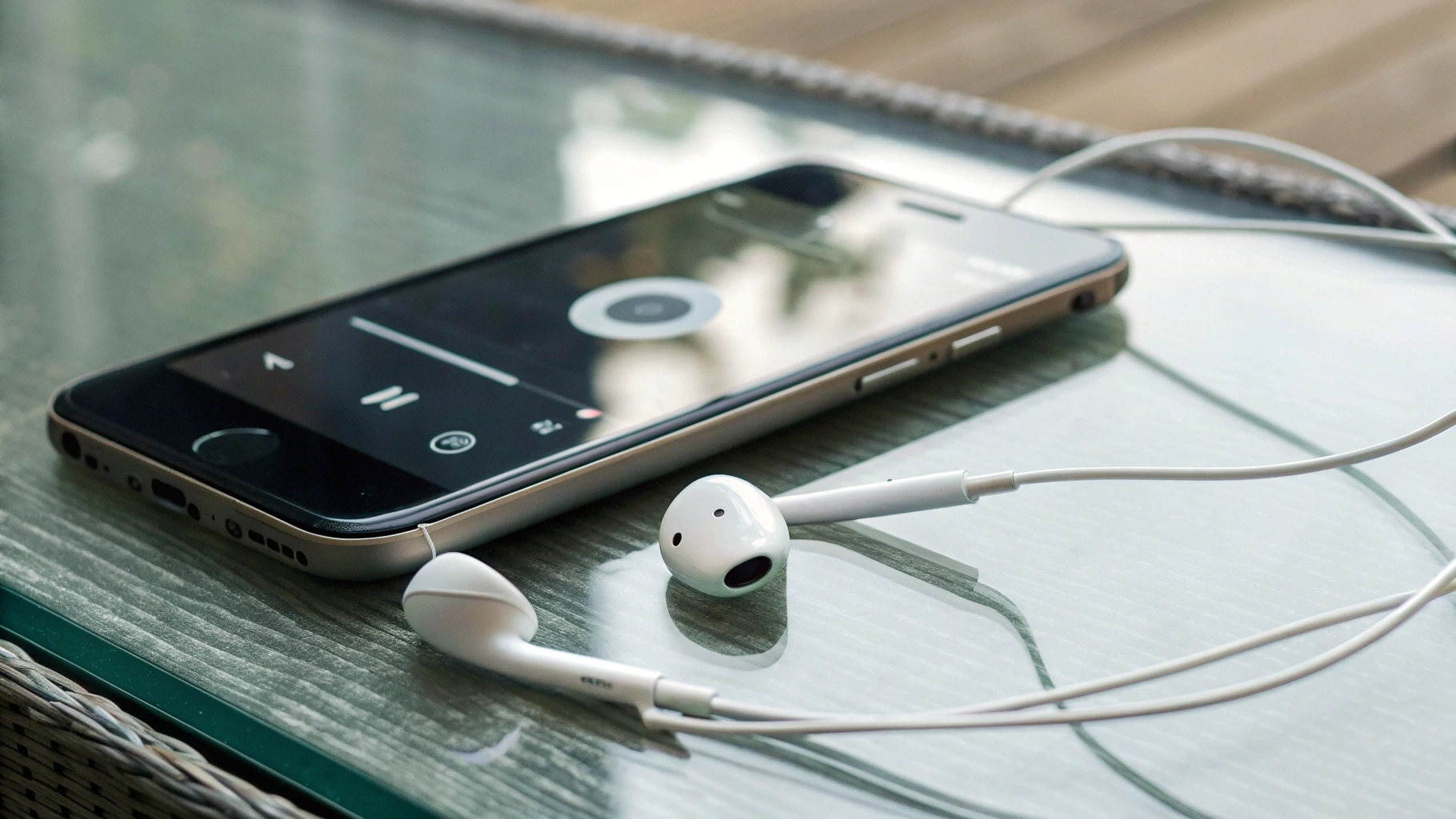Смартфон с подключёнными проводными наушниками и открытым плеером