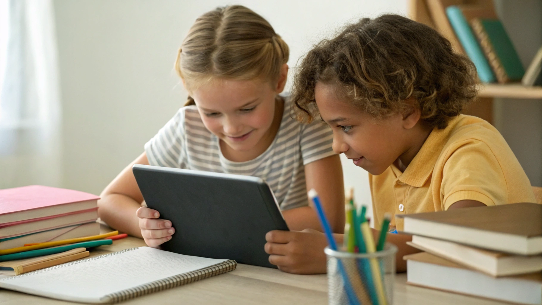 Дети используют один планшет за столом для выполнения домашнего задания