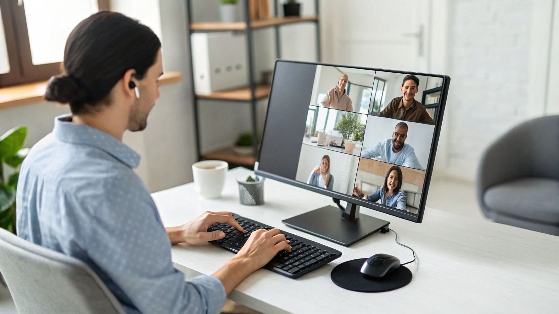 Удалённый сотрудник использует настольный режим Android на мониторе для работы и видеосвязи