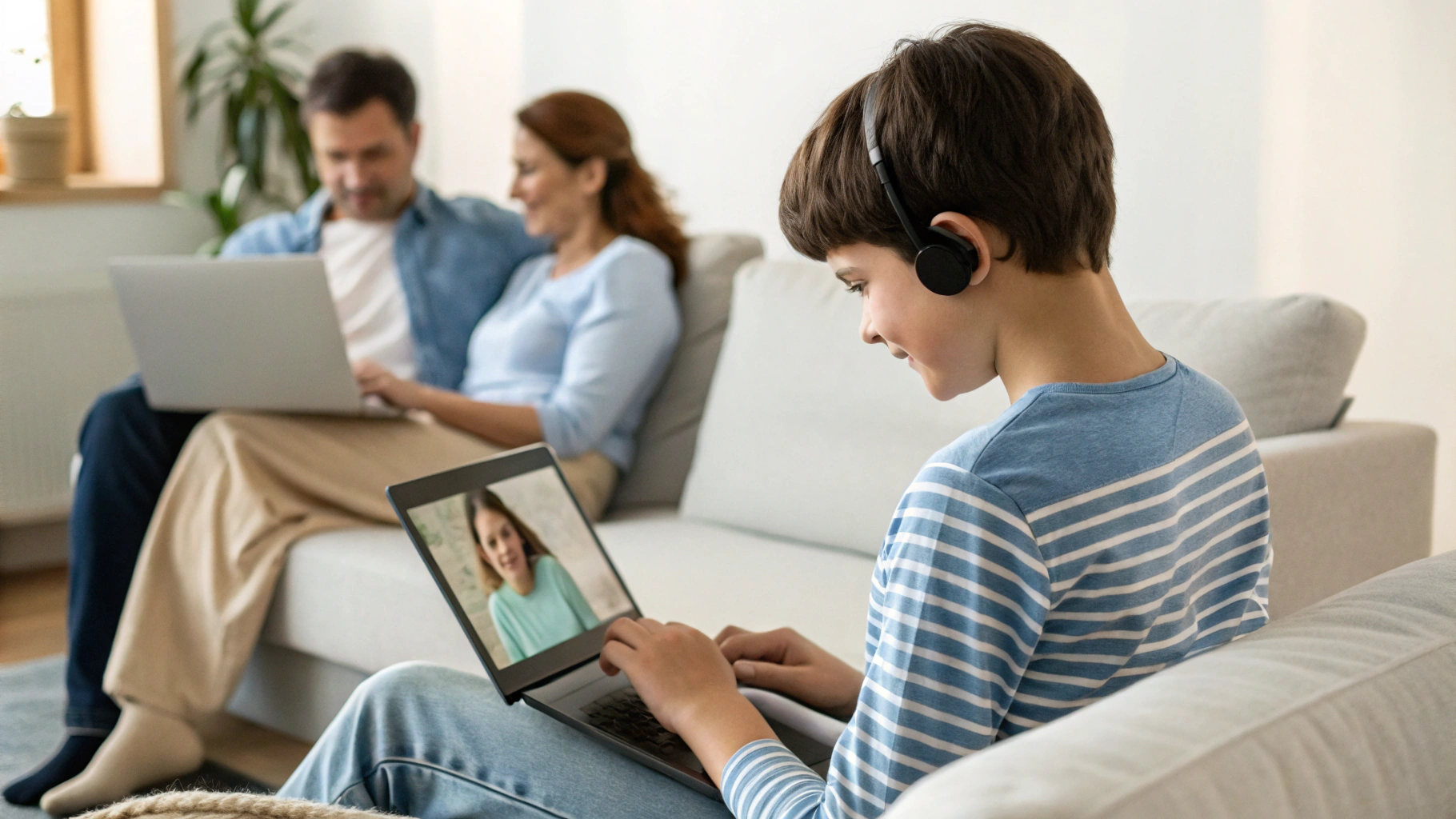 Подросток учится за ноутбуком, родители рядом смотрят видео на планшете