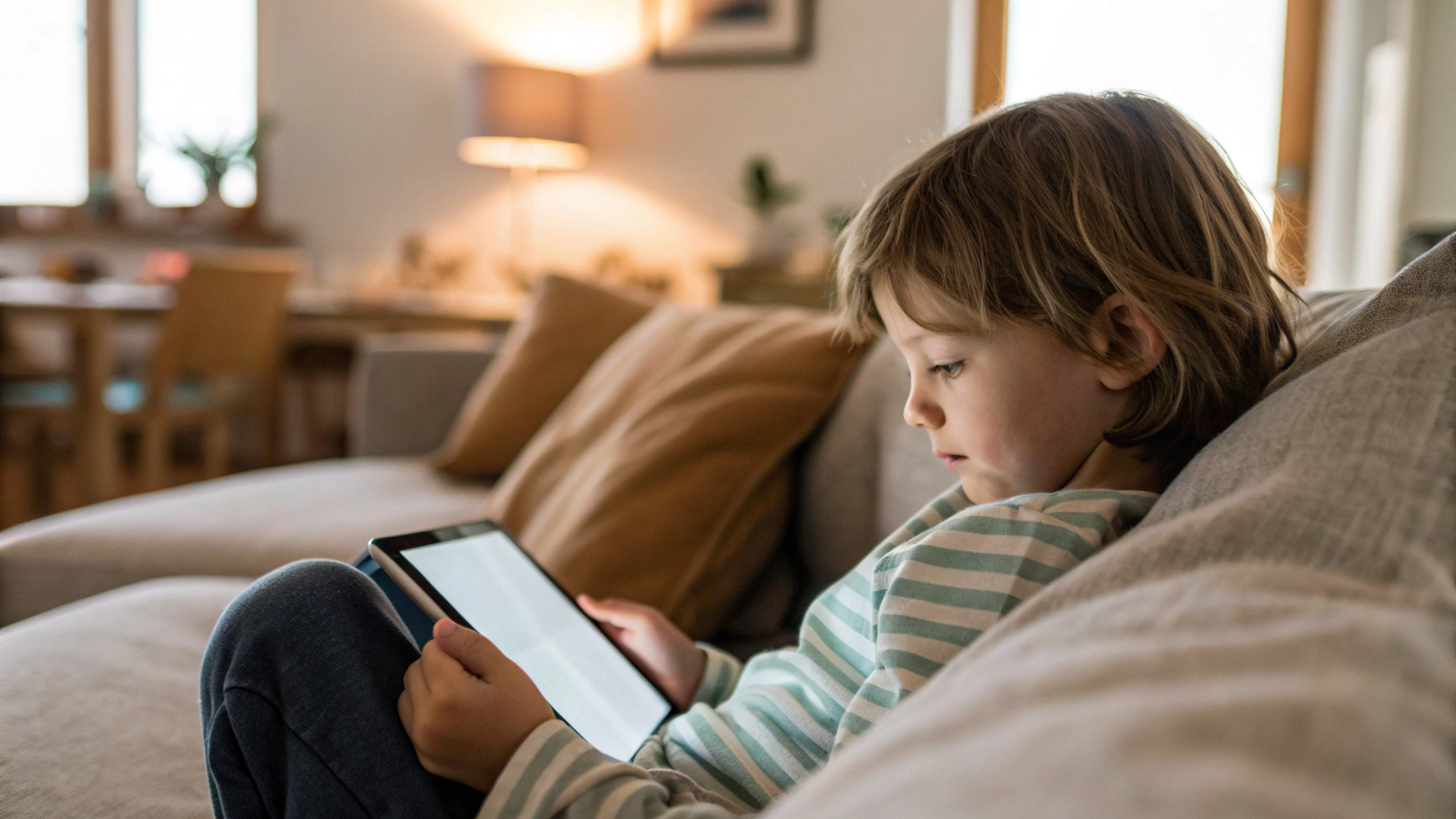 Ребёнок смотрит детский YouTube на планшете дома