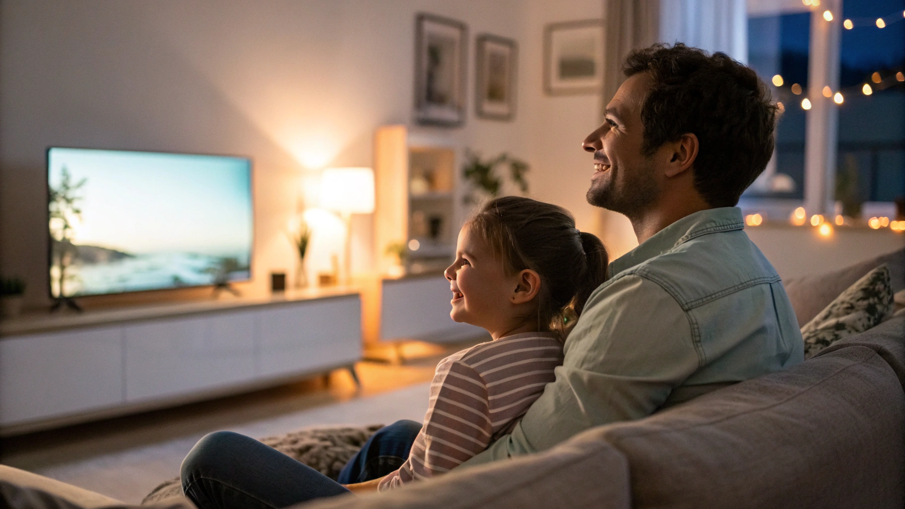 Родитель и ребёнок вместе смотрят детский контент на смарт‑ТВ