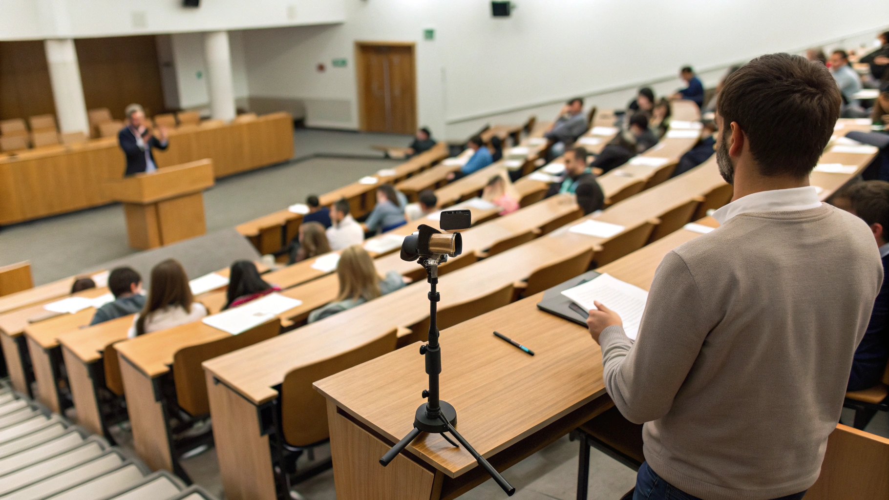 Смартфон на парте записывает лекцию преподавателя в аудитории