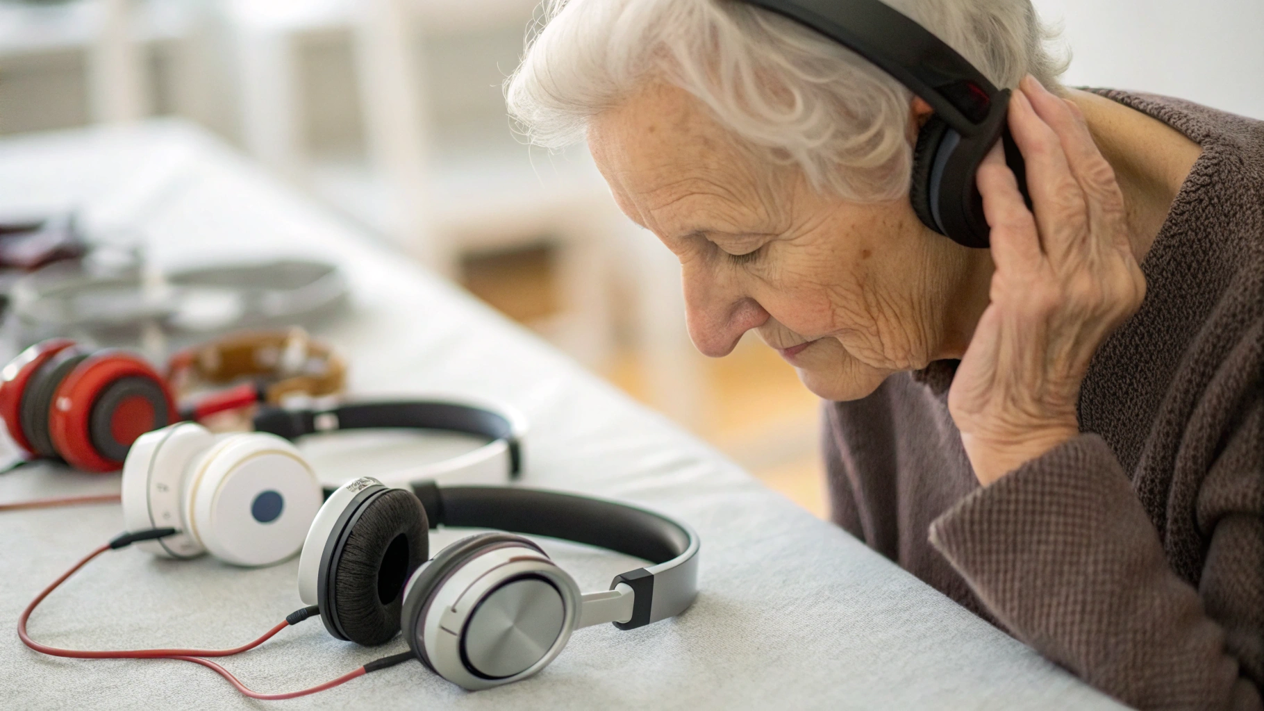 Пожилой человек выбирает между несколькими типами наушников на столе