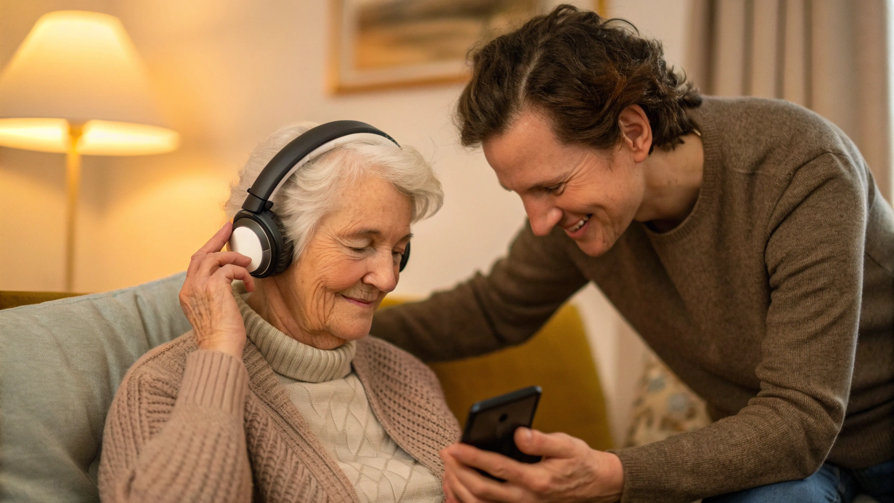 Взрослый ребёнок помогает подключить беспроводные наушники пожилому человеку к смартфону