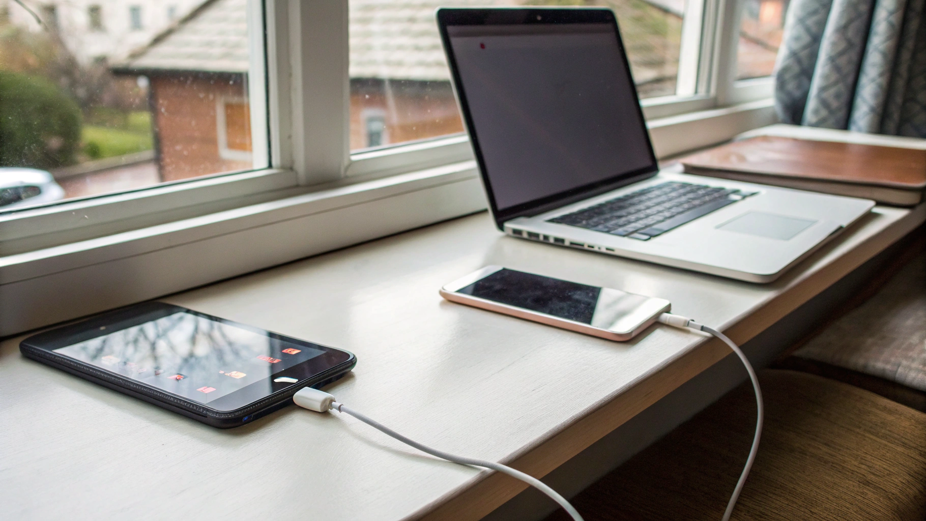 Смартфон на подоконнике раздает интернет на ноутбук и планшет в комнате