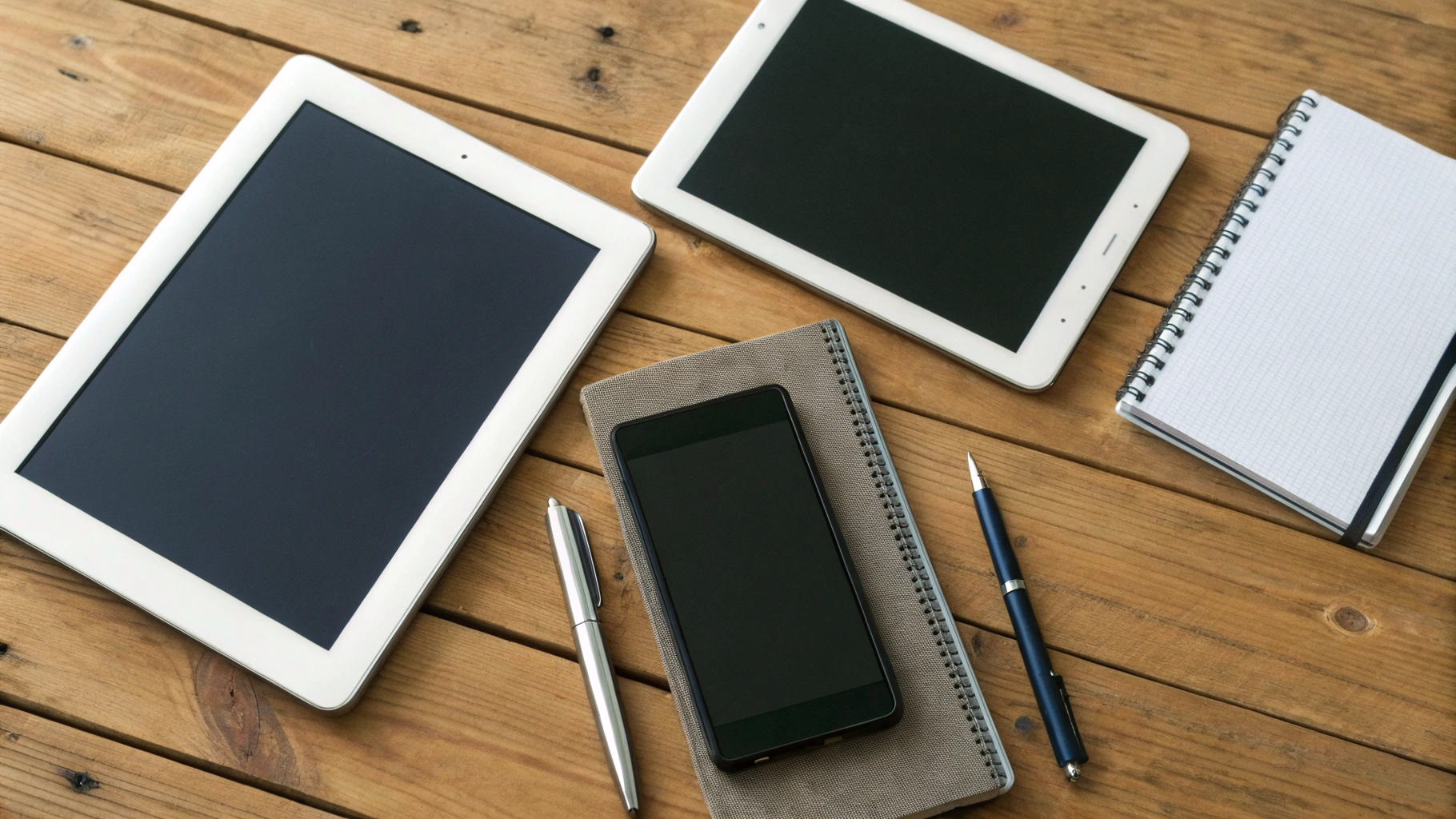 Несколько Android‑планшетов разных размеров на столе рядом с тетрадями