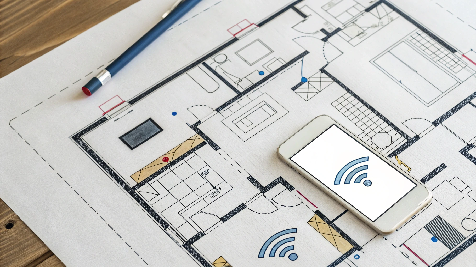 Схема квартиры с отмеченными зонами слабого и сильного сигнала Wi‑Fi и смартфоном