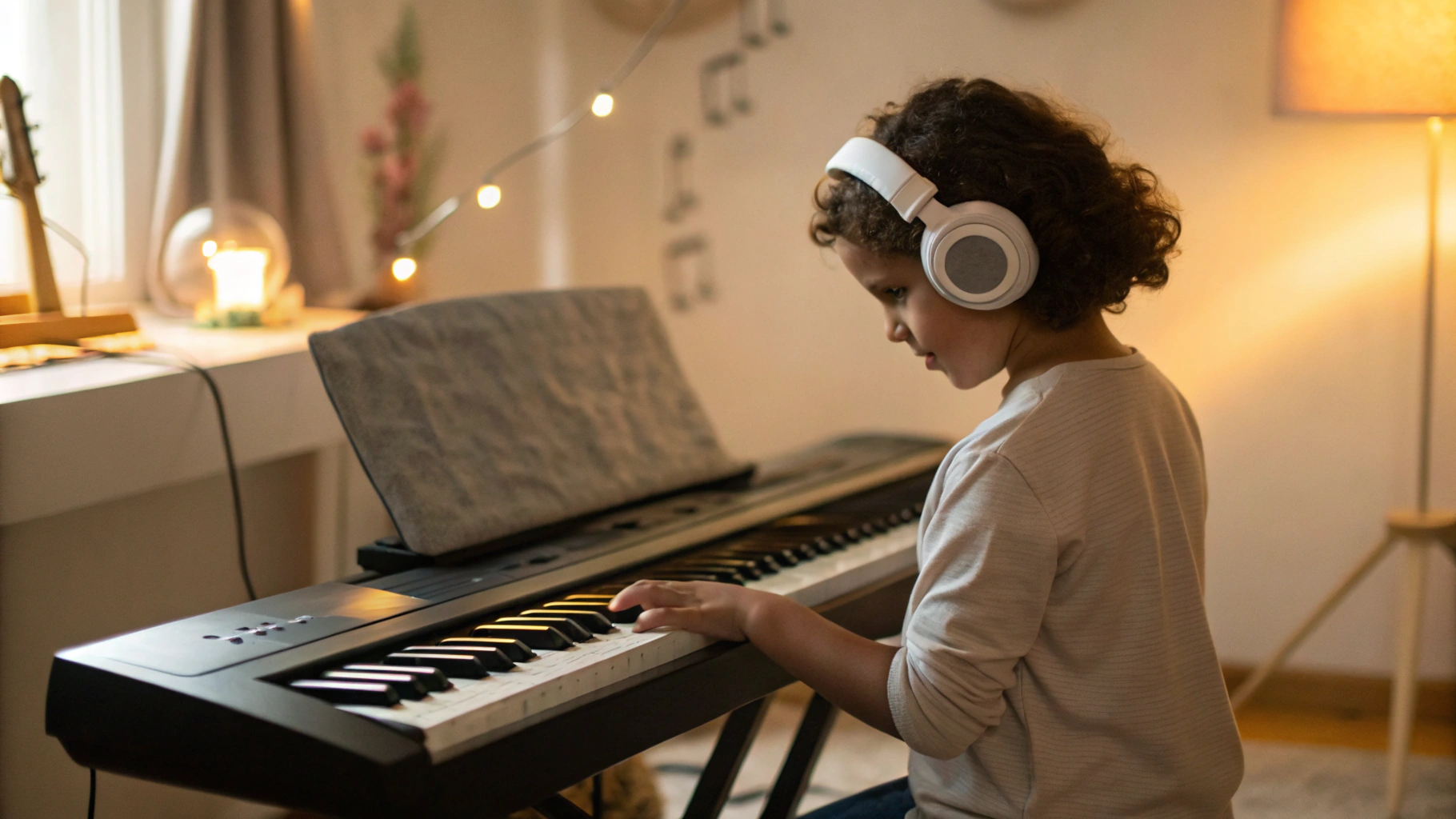 Ребёнок занимается на электронном пианино в полноразмерных проводных наушниках