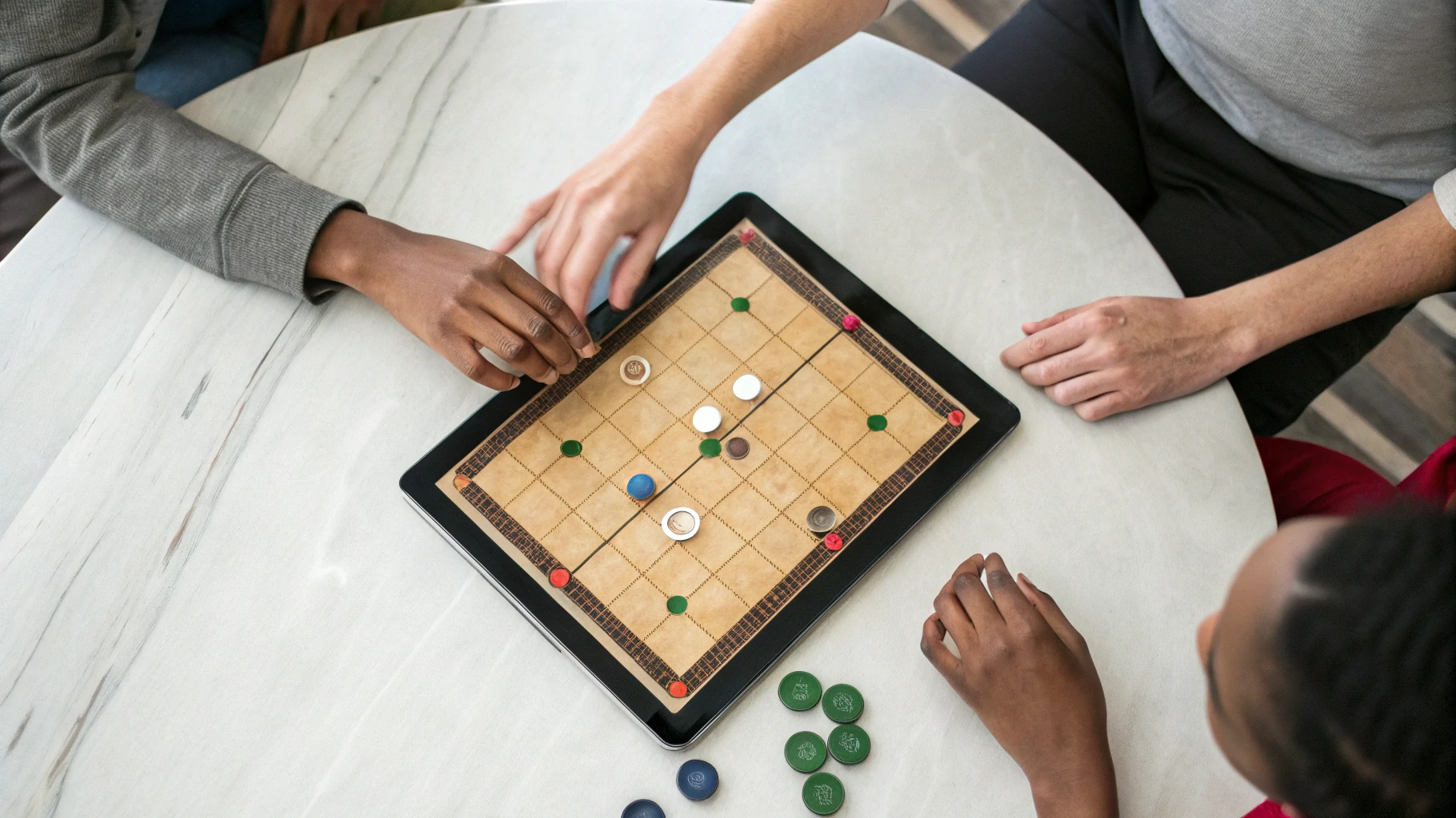 Вид сверху на руки нескольких людей, тянущихся к iPad с цифровым игровым полем