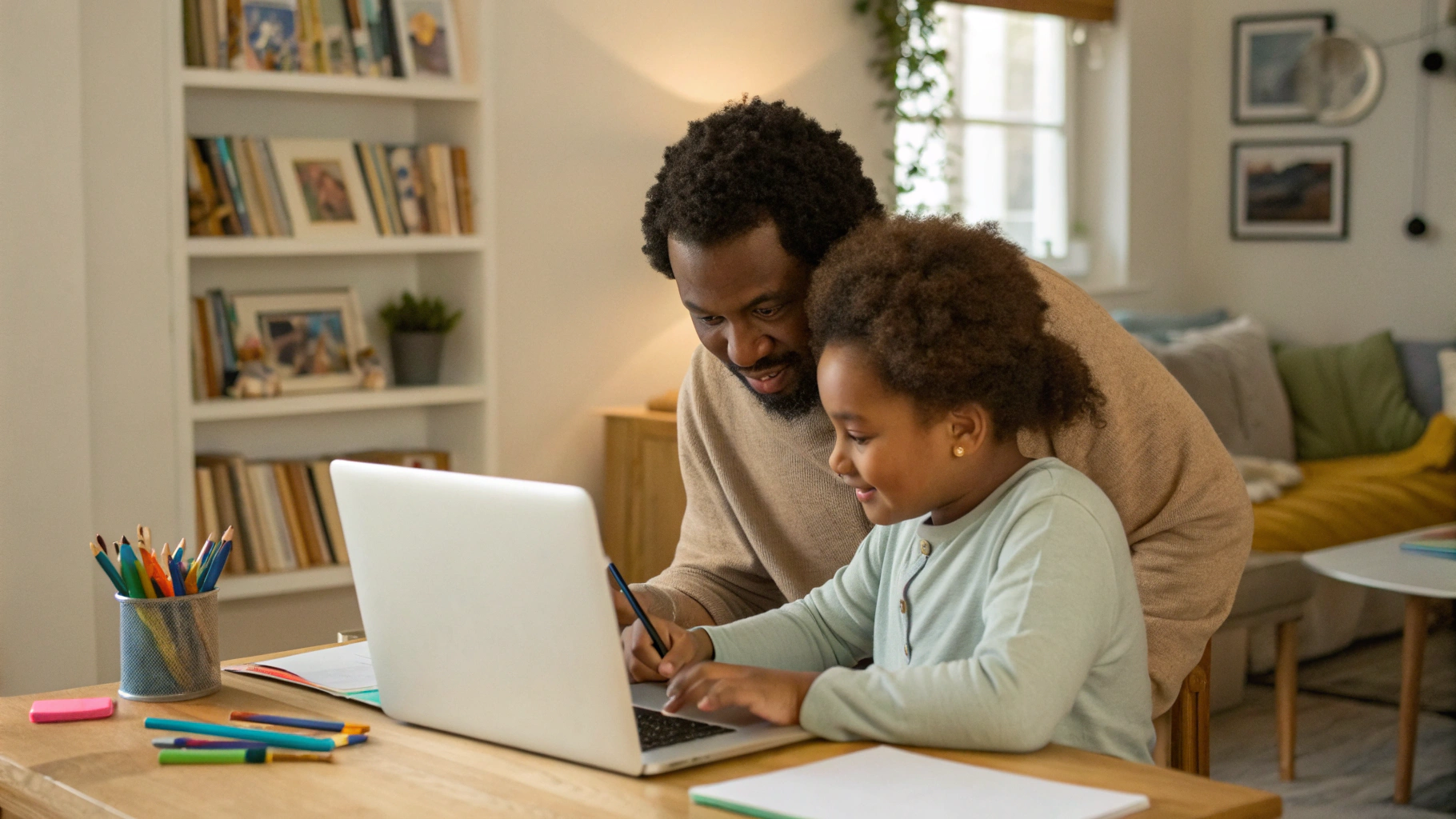 Родитель помогает ребёнку навести порядок в учебных файлах на общем ноутбуке