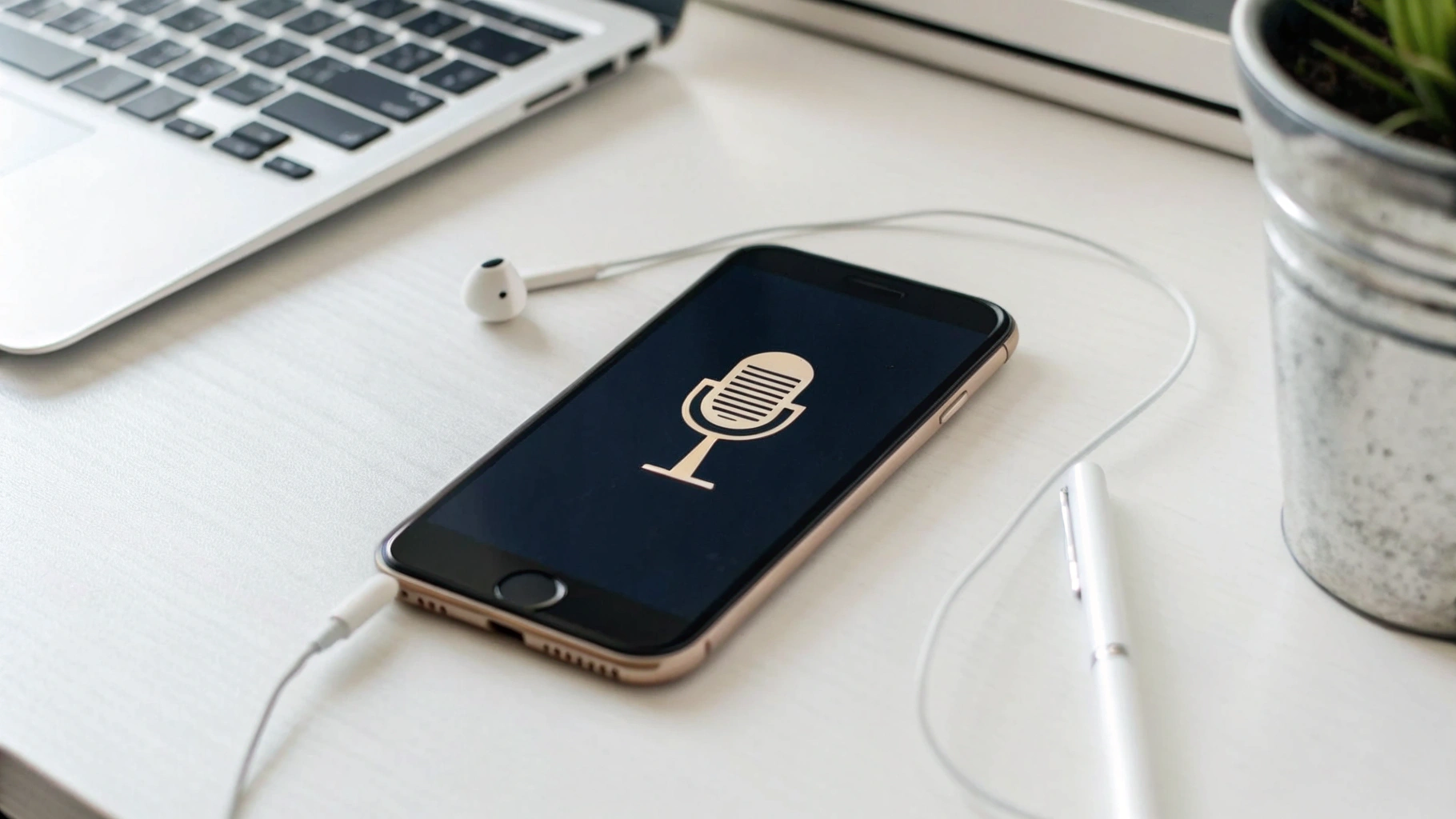 Смартфон на столе записывает голосовой подкаст, на экране иконка микрофона