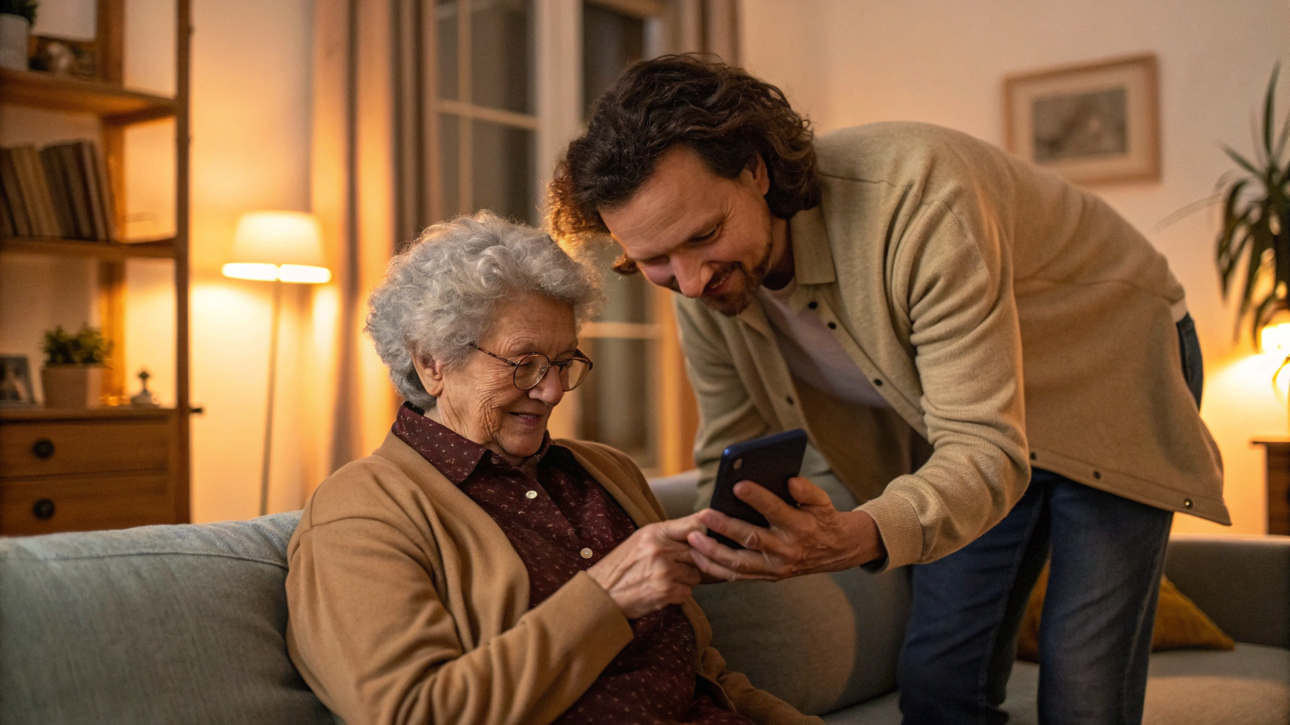 Взрослый ребёнок помогает пожилому родителю настроить параметры безопасности на смартфоне
