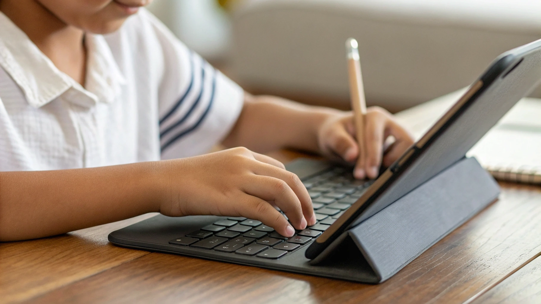 Руки ребёнка печатают сочинение на планшете с чехлом‑клавиатурой