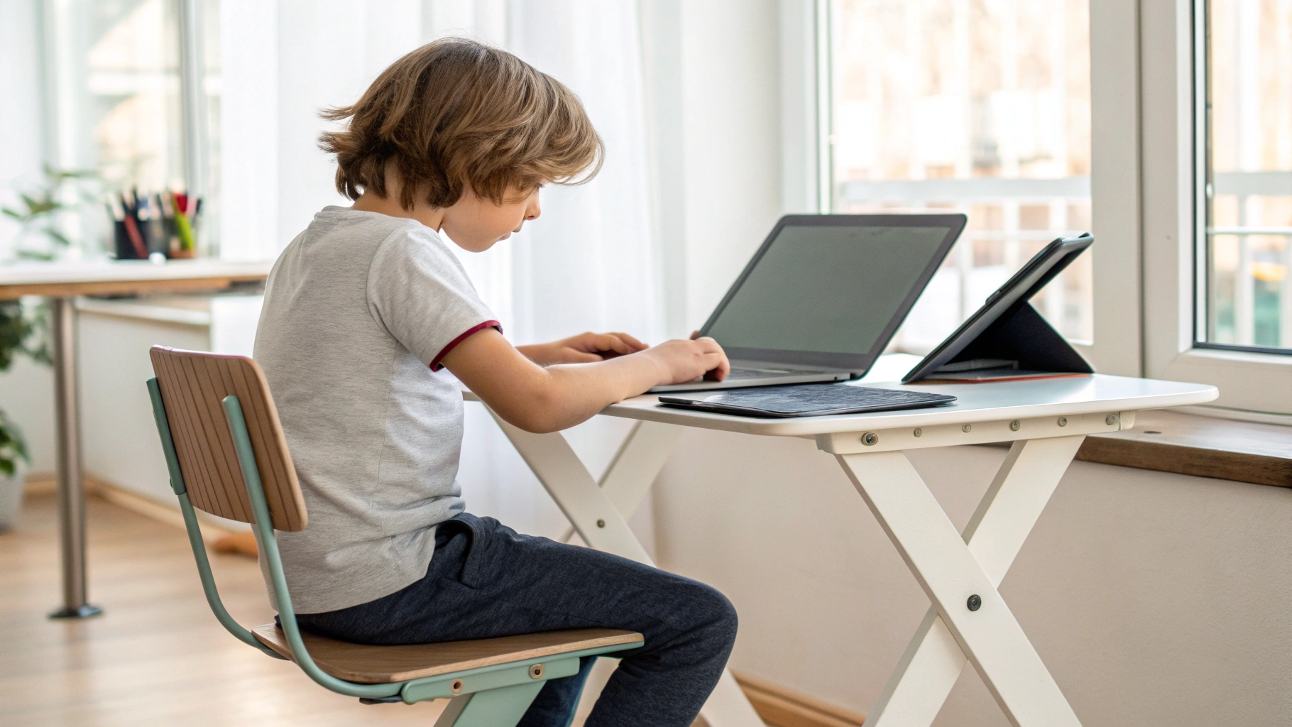 Ребёнок сидит за столом с ноутбуком и планшетом на подставке в удобной посадке для учебы
