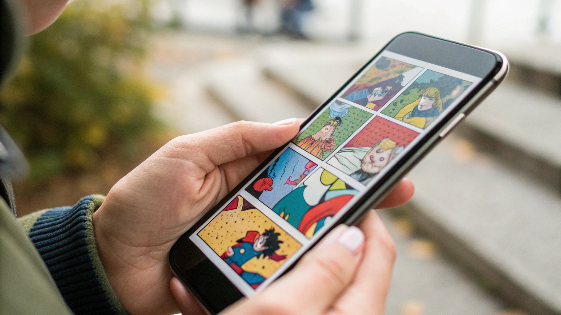 Смартфон с открытым комиксом, чётким текстом и плавными цветными градиентами на экране