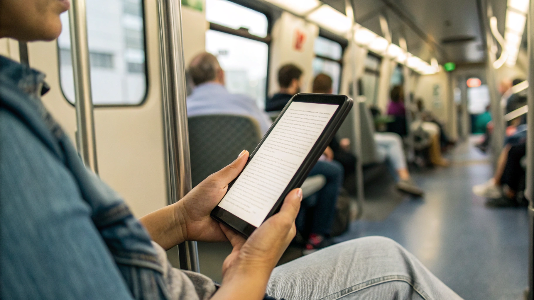 Читатель держит смартфон и читает электронную книгу в транспорте на ярком и читаемом экране