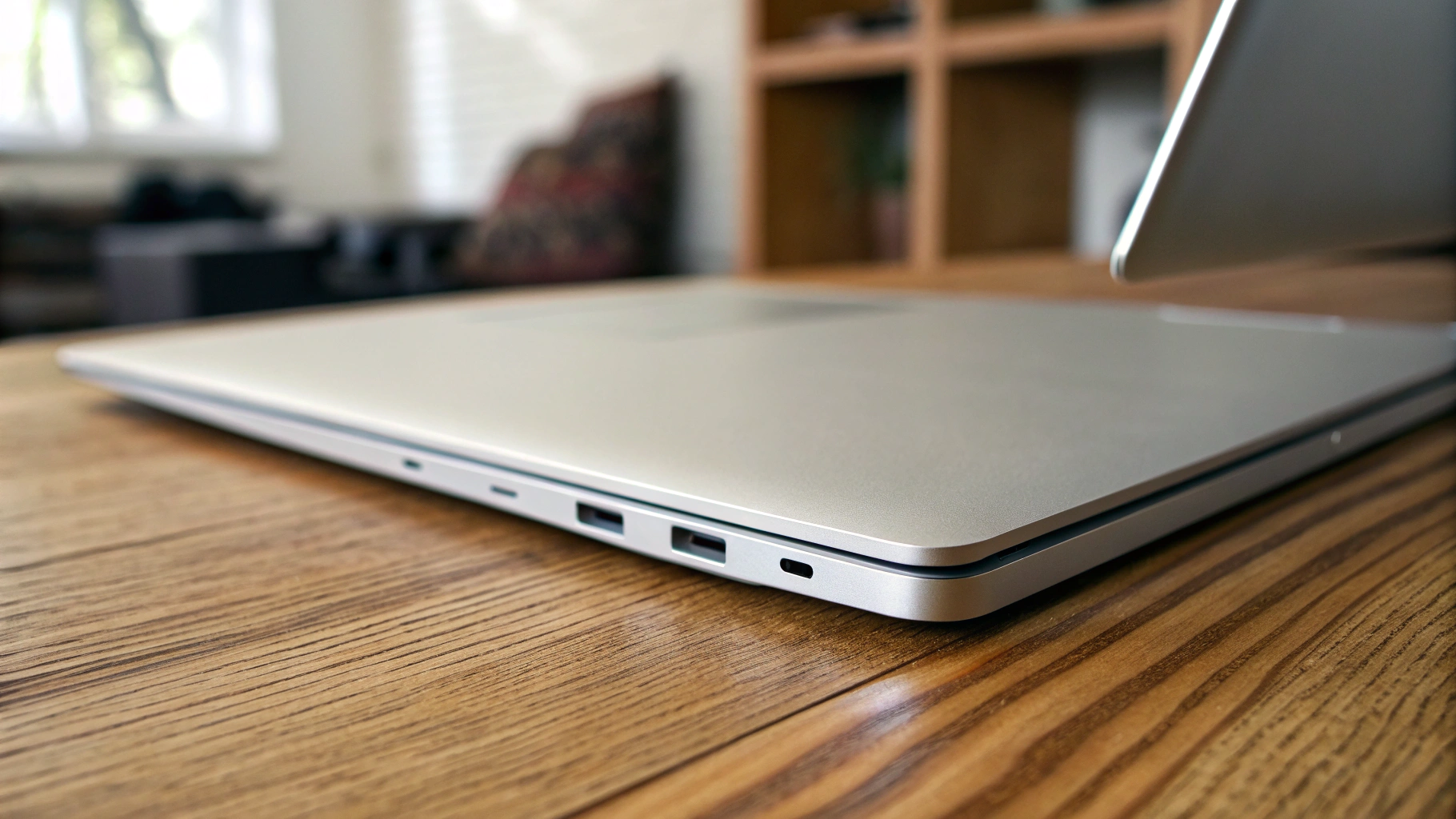 Тонкий ноутбук с пассивным охлаждением крупным планом на столе, виден металлический корпус без вентиляционных решёток