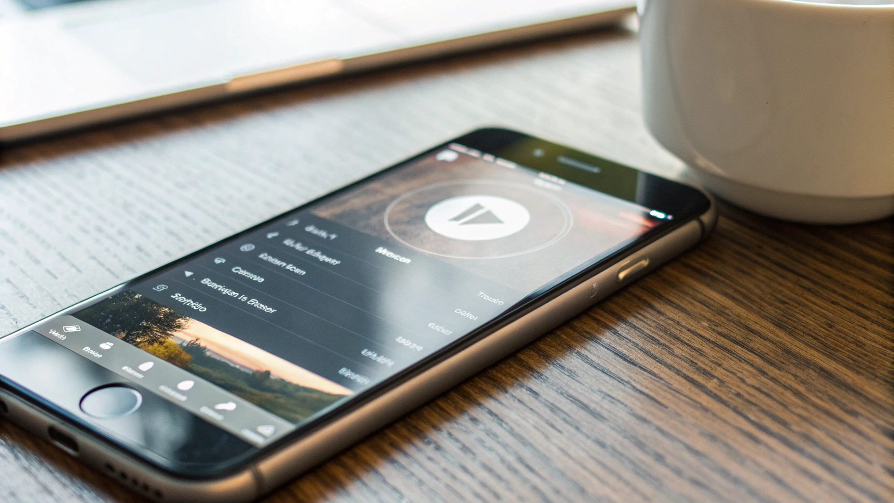 Смартфон на столе с открытым приложением радио и крупной кнопкой воспроизведения