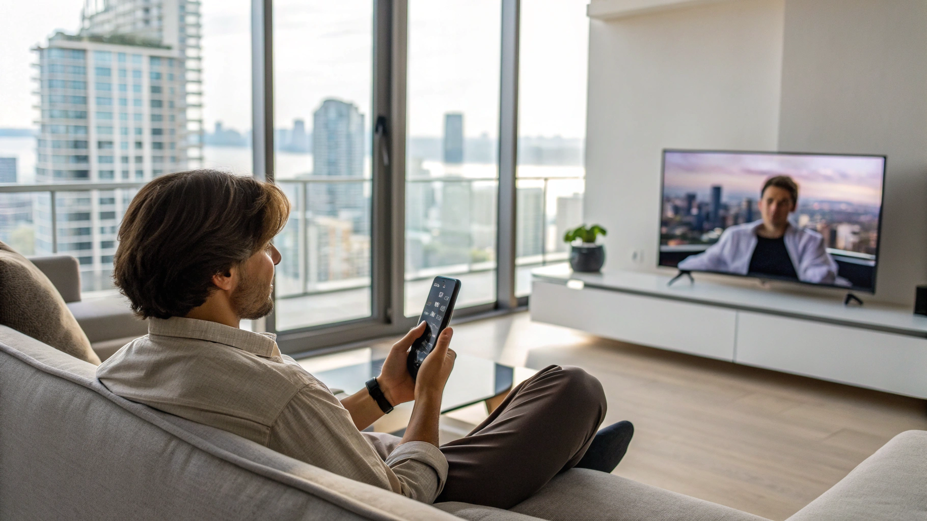 Человек управляет телевизором через приложение-пульт на смартфоне по Wi‑Fi