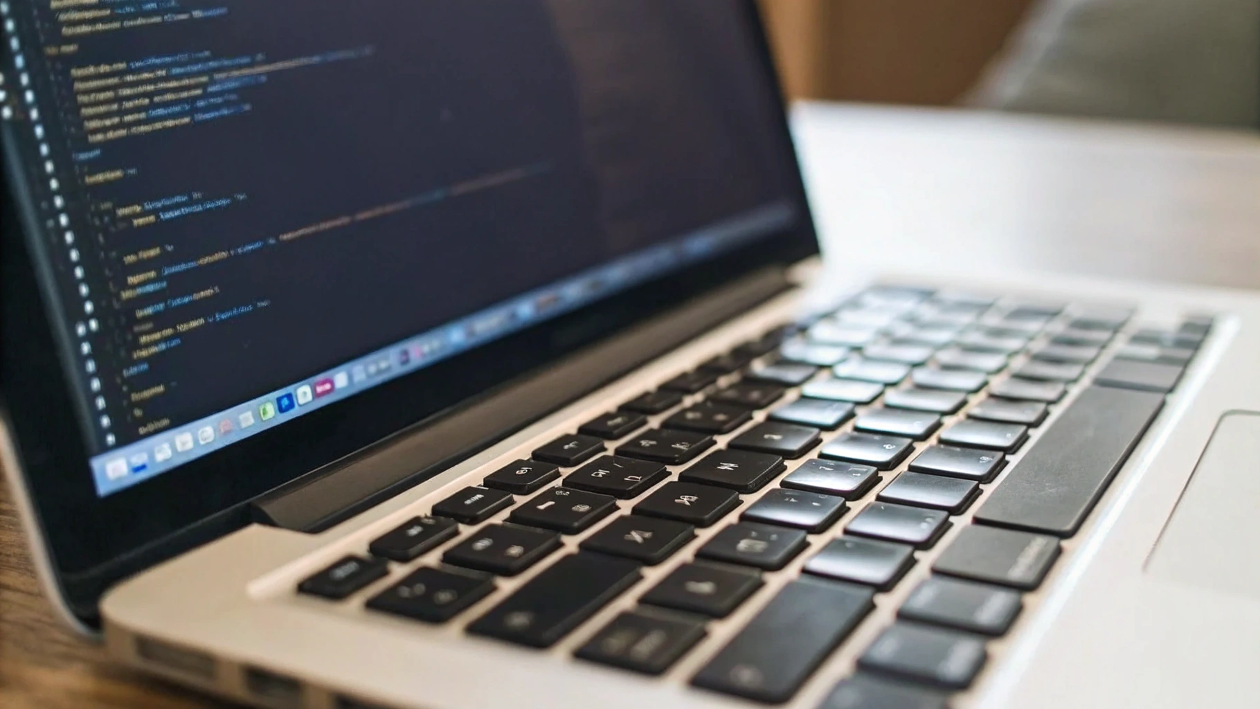 Клавиатура и экран ноутбука с открытым редактором кода для учёбы программированию