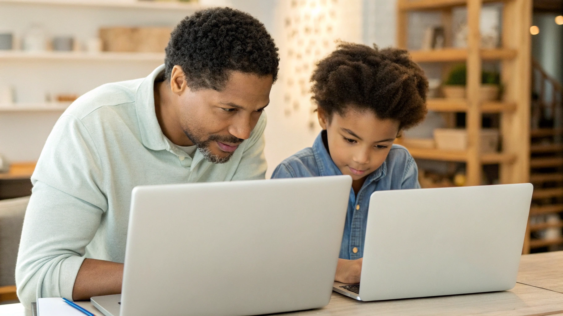 Родитель и школьник вместе выбирают ноутбук, смотрят характеристики и сравнивают модели