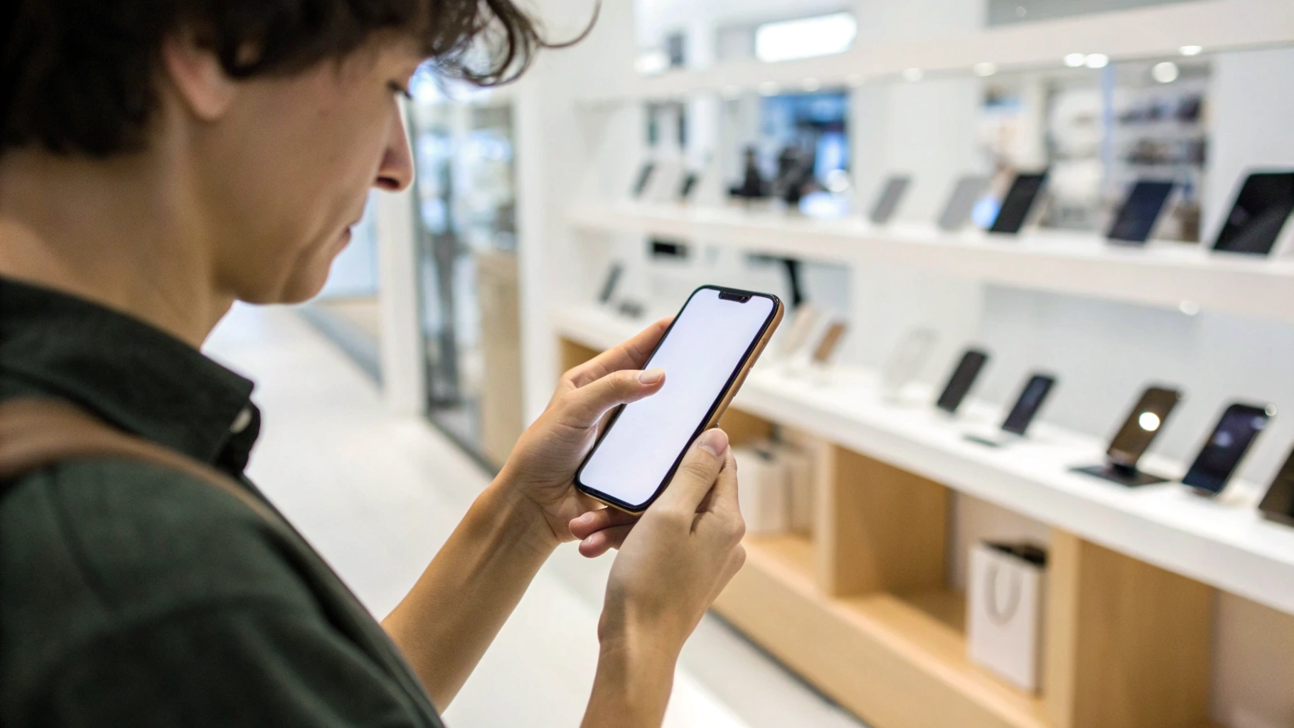 Покупатель проверяет яркость и читаемость текста на экране смартфона