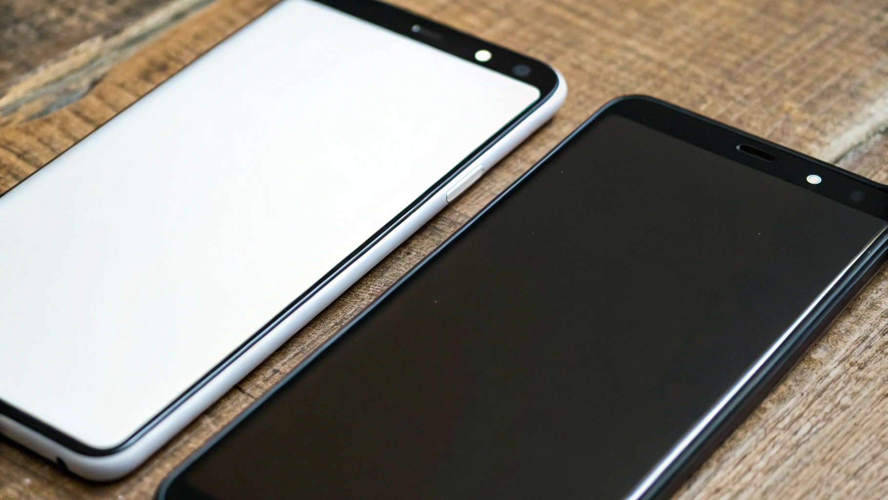 Смартфон с белым и тёмным тестовыми экранами для проверки цветопередачи и подсветки