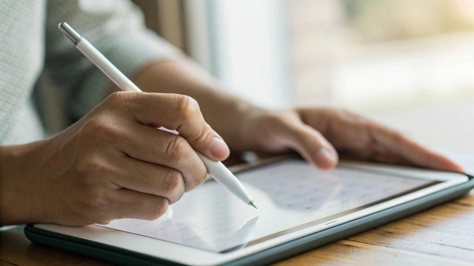 Крупный план руки со стилусом, пишущей заметки на экране планшета
