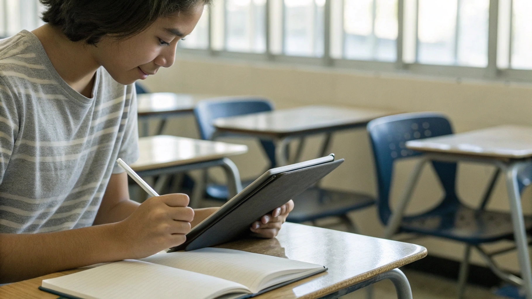 Студент делает конспект на планшете со стилусом на занятии