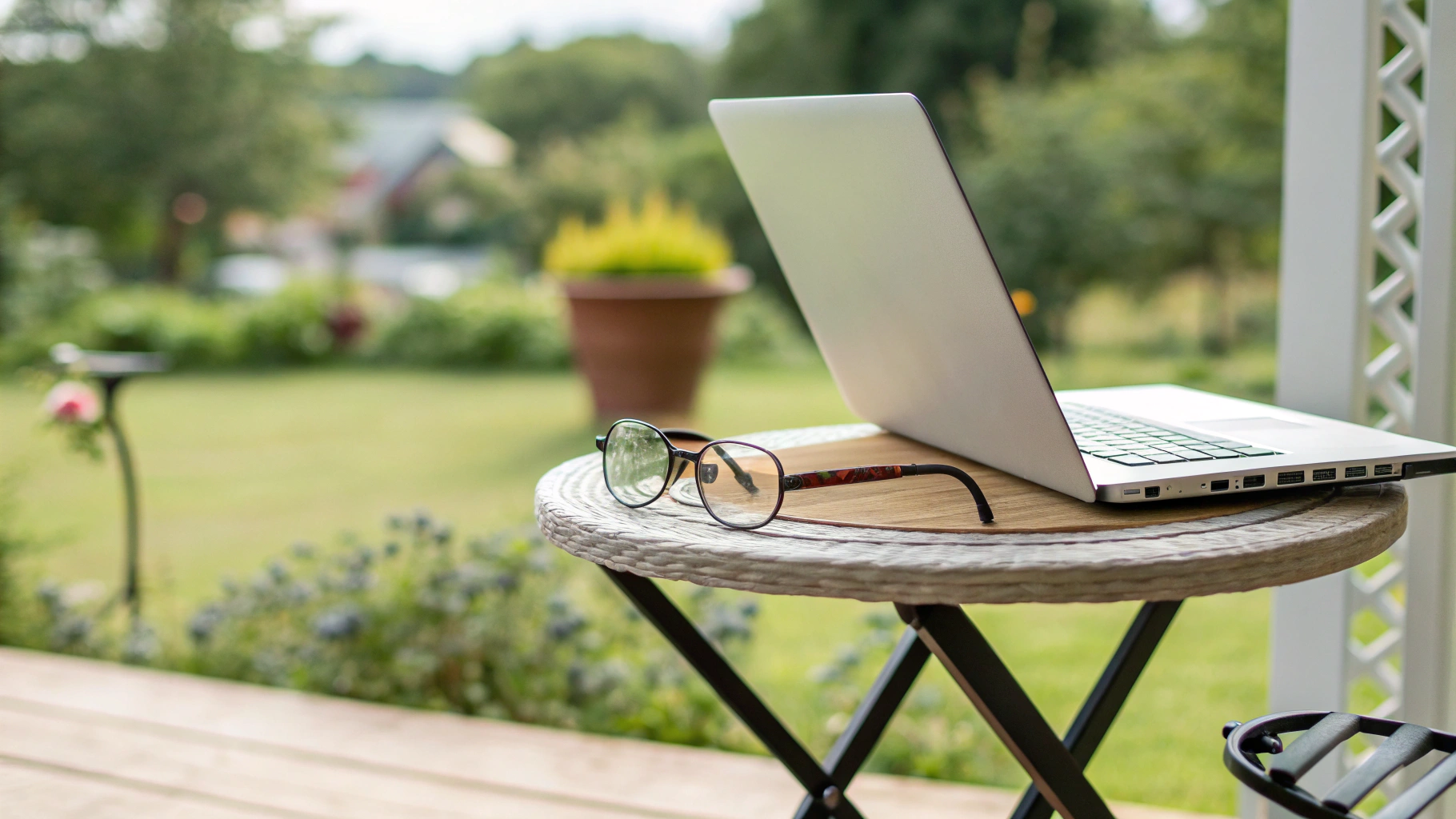 Лёгкий компактный ноутбук на небольшом столике на веранде
