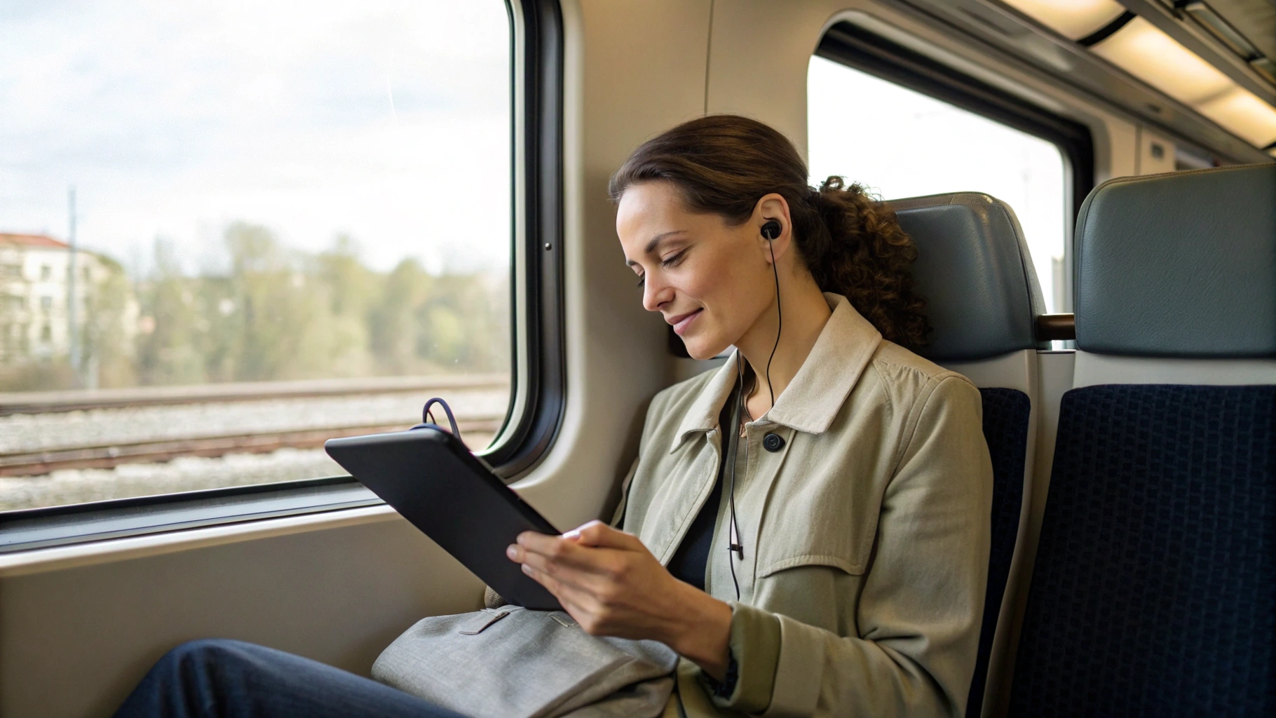 Девушка в поездке смотрит сериал на планшете в TWS‑наушниках