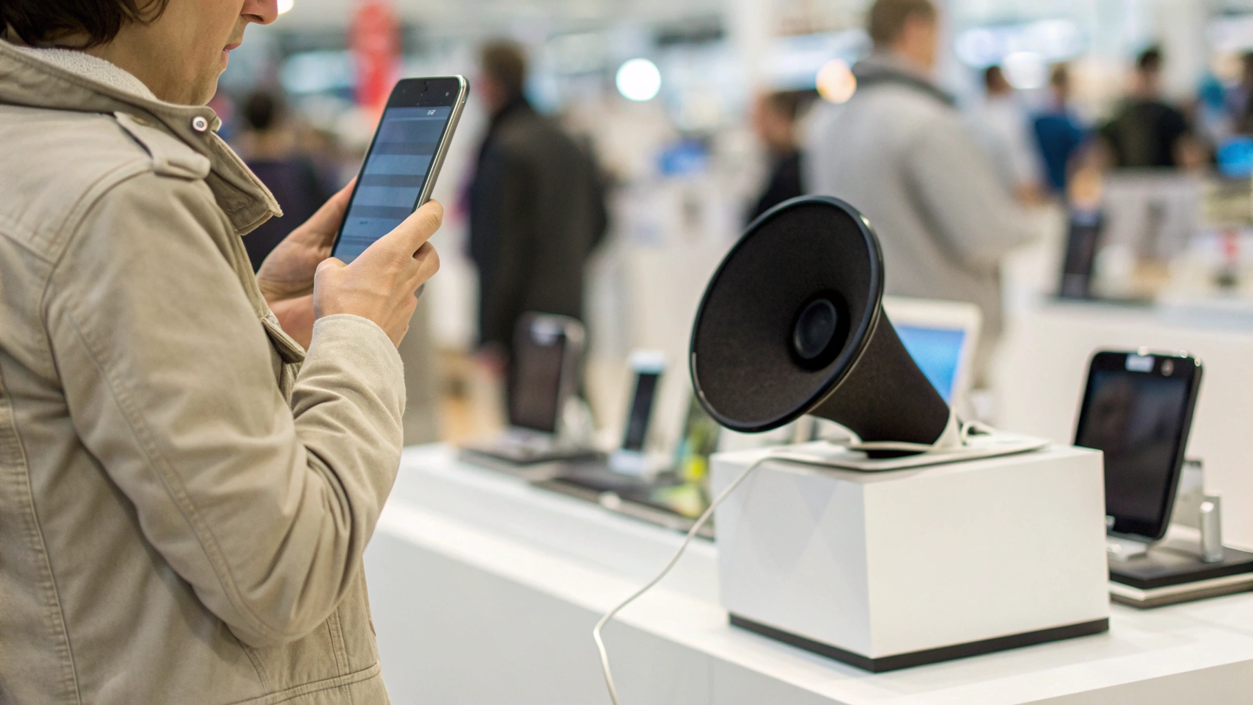 Покупатель проверяет громкость динамика смартфона в магазине электроники