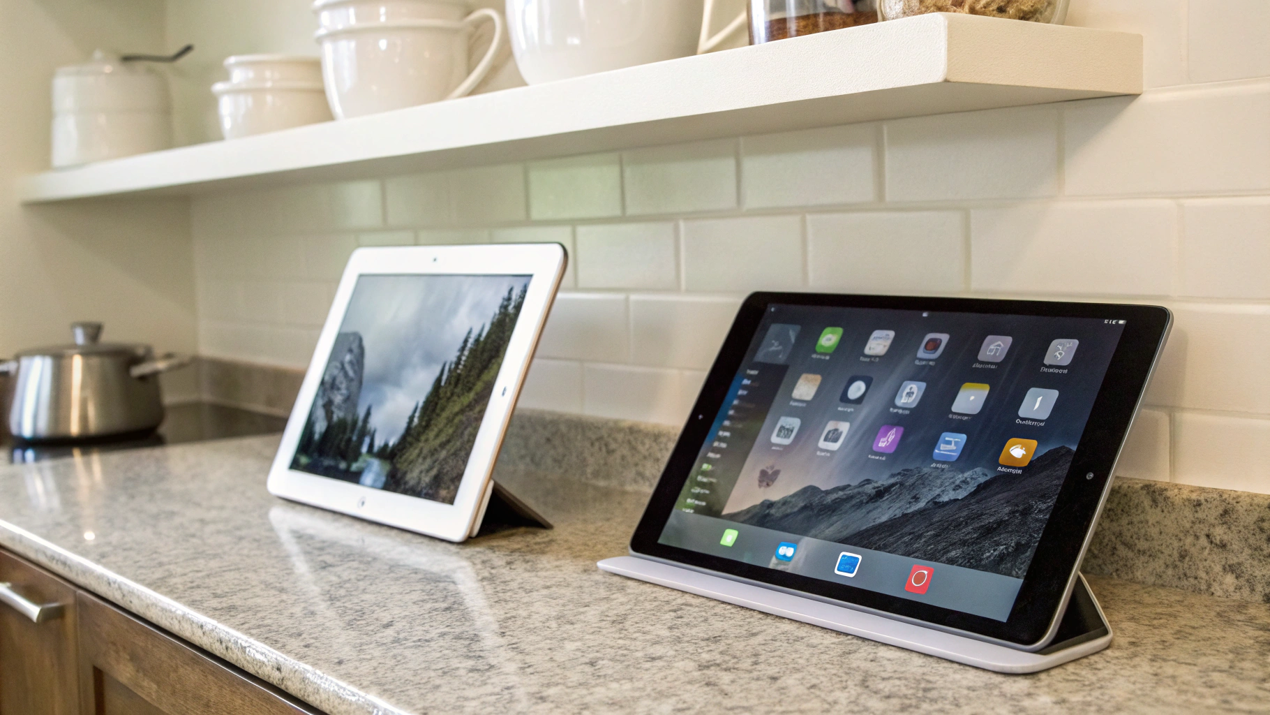 Два планшета, iPad и Android‑модель, лежат на кухонной столешнице рядом с настенным креплением