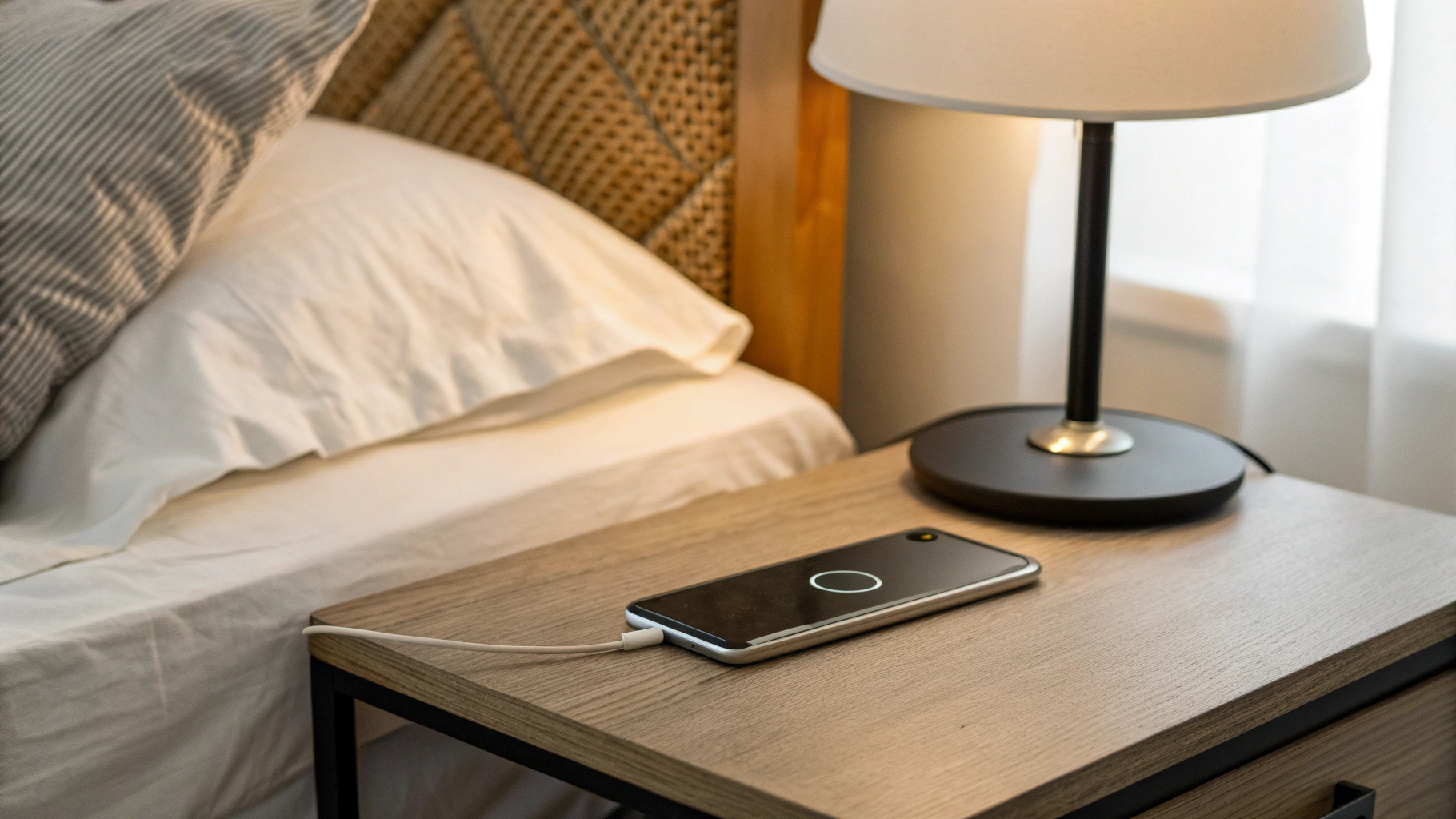 Смартфон на прикроватной тумбочке вибрирует при входящем звонке в беззвучном режиме