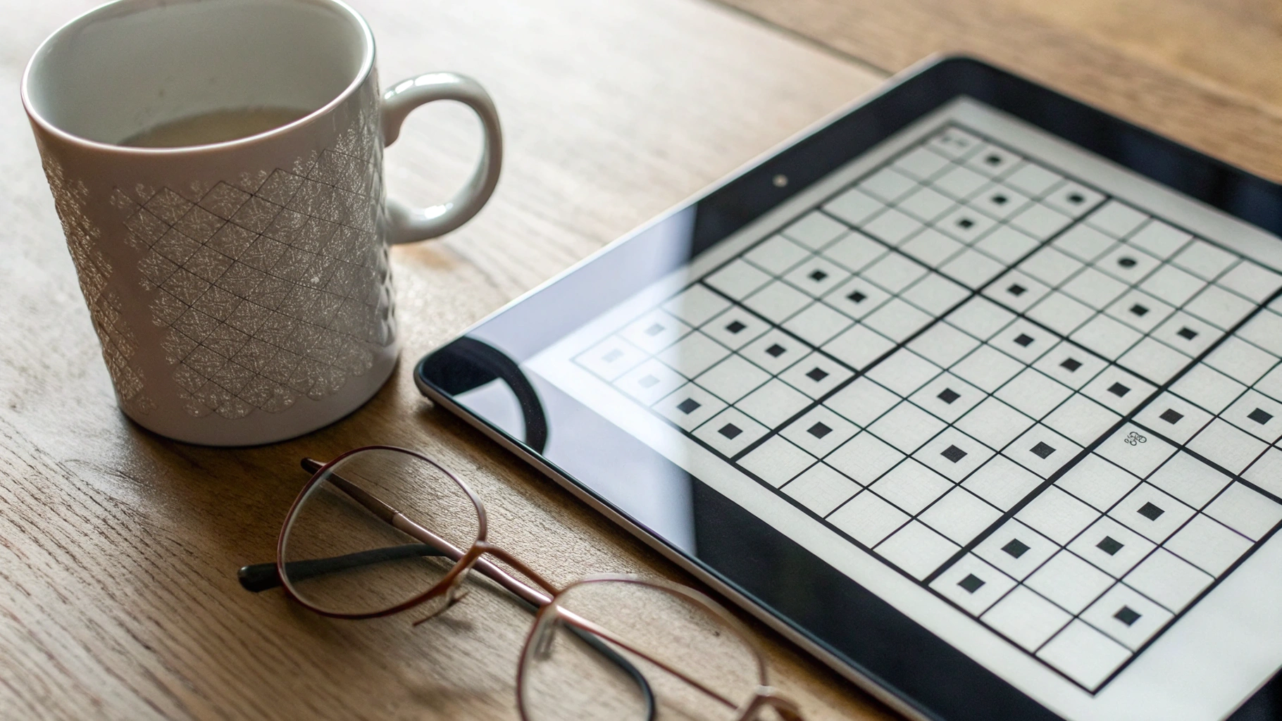 Экран планшета с судоку и кроссвордом на столе рядом с кружкой и очками