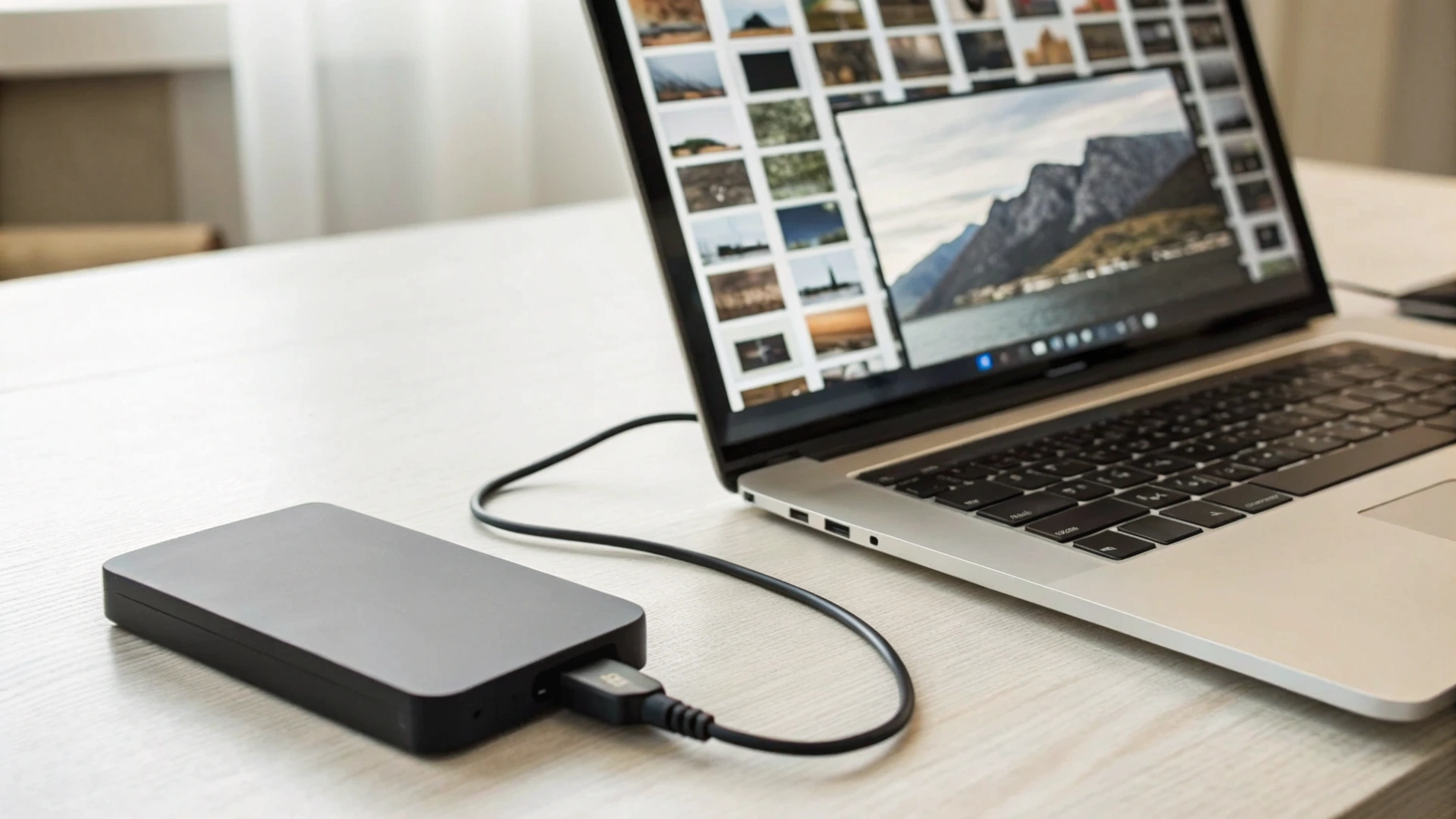 Ноутбук на столе с открытым проводником и подключённым внешним диском