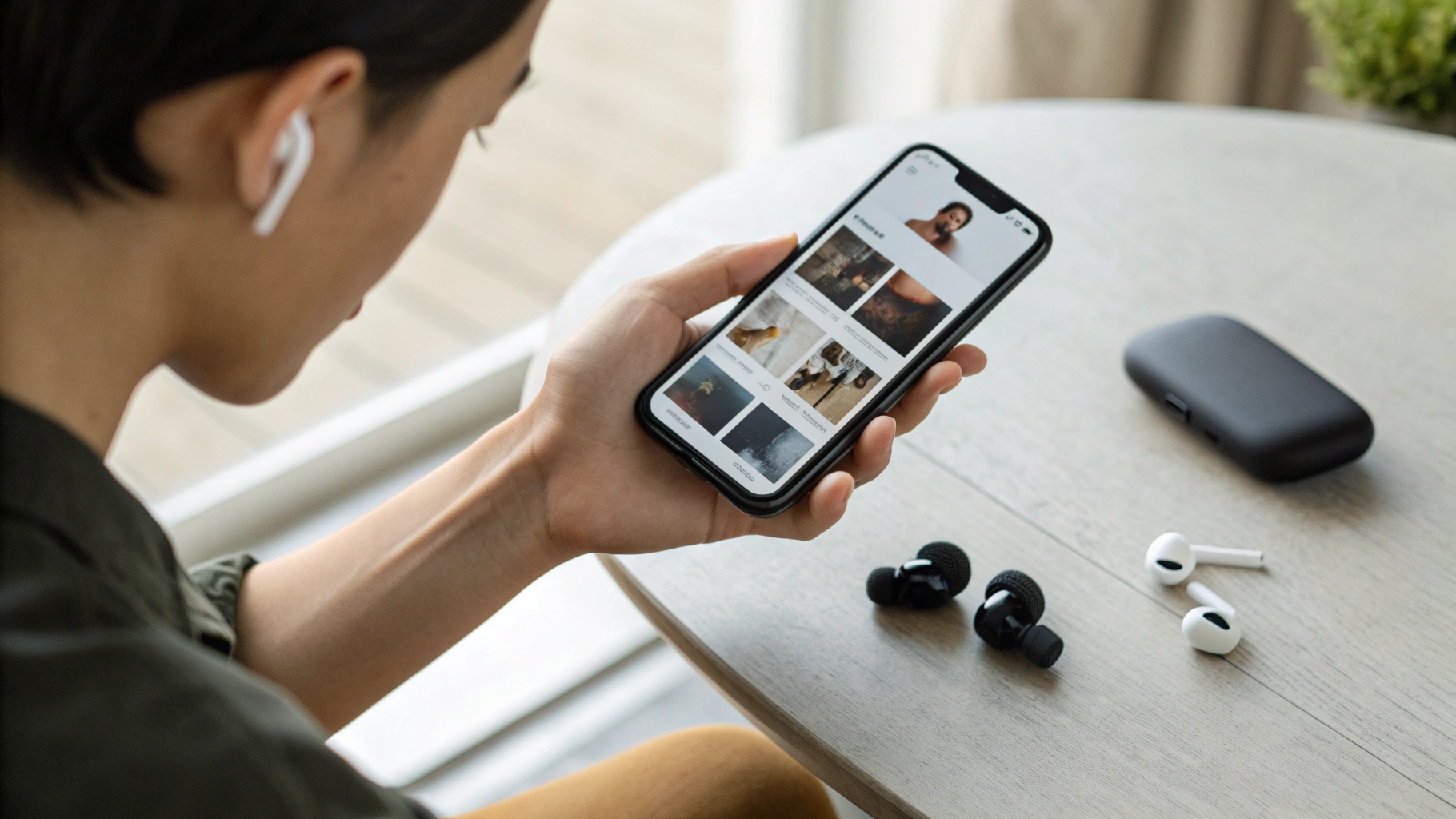 Пользователь выбирает музыку на смартфоне для офлайн‑прослушивания