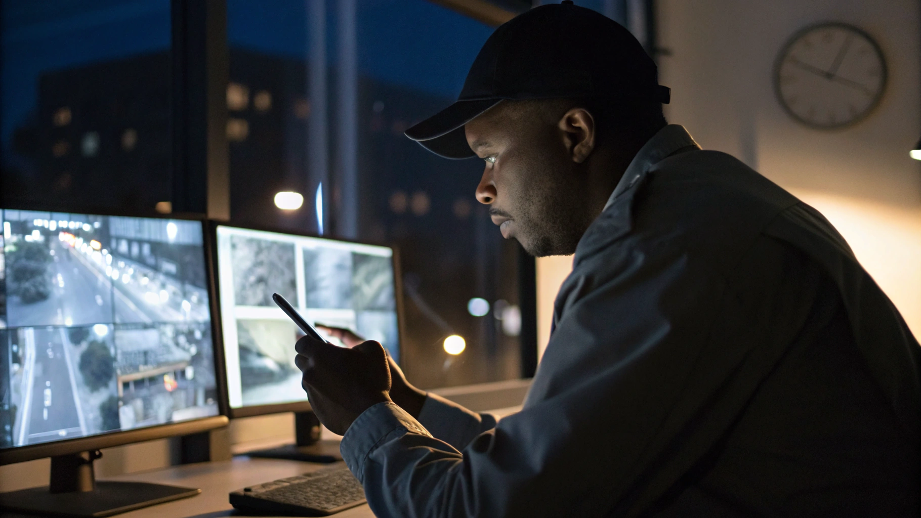 Охранник или сотрудник ресепшн в ночную смену использует смартфон на рабочем посту