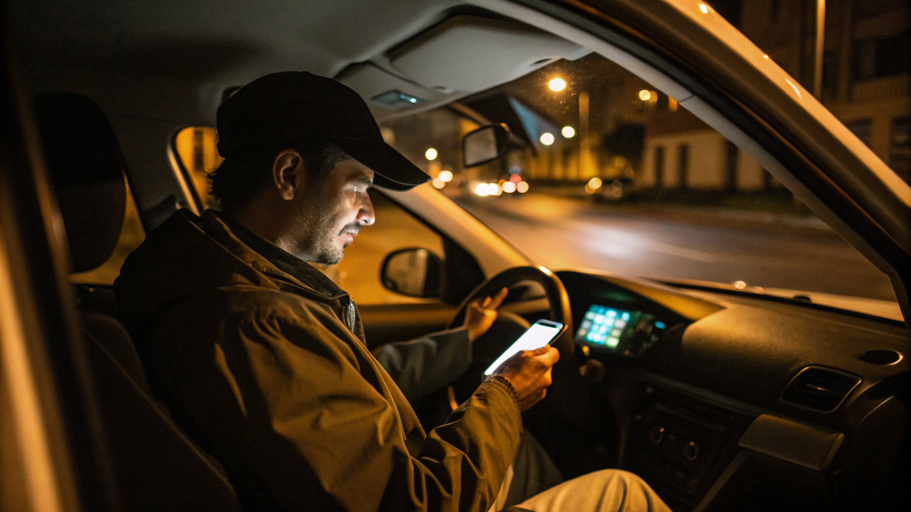 Курьер или таксист в машине ночью заряжает смартфон и смотрит навигатор