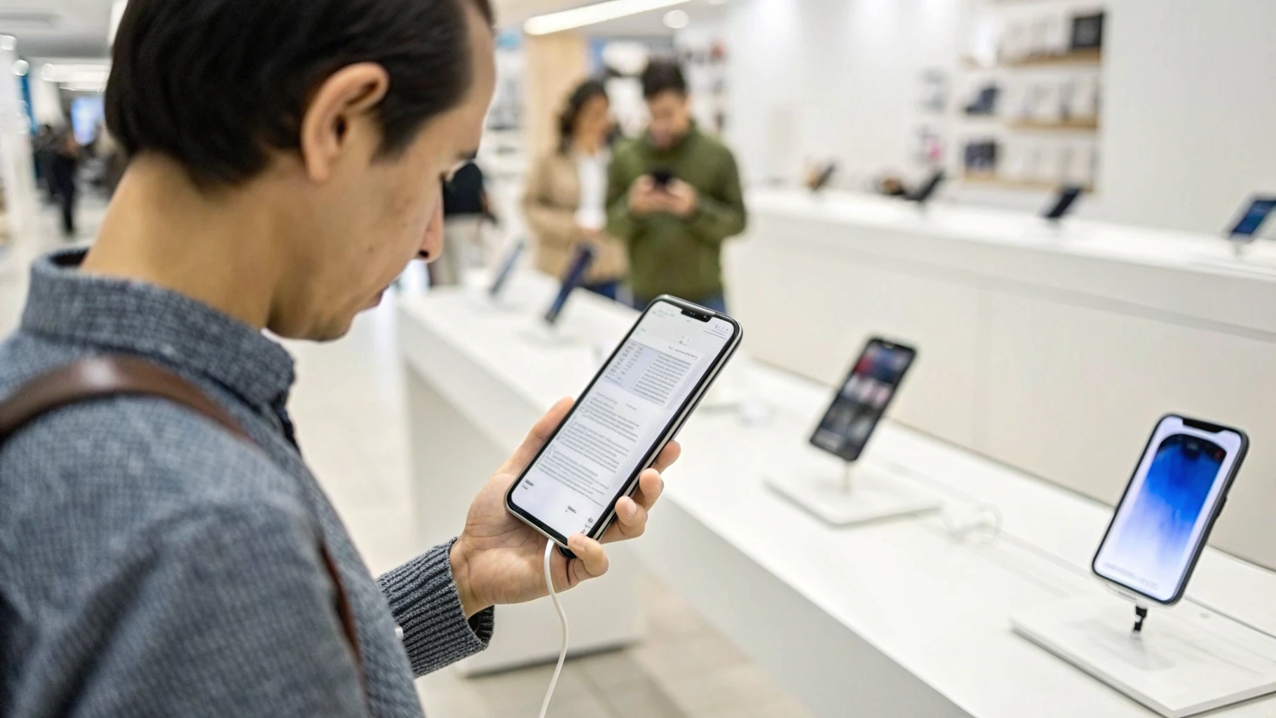 Покупатель проверяет удобство чтения лонгрида на экране смартфона в магазине