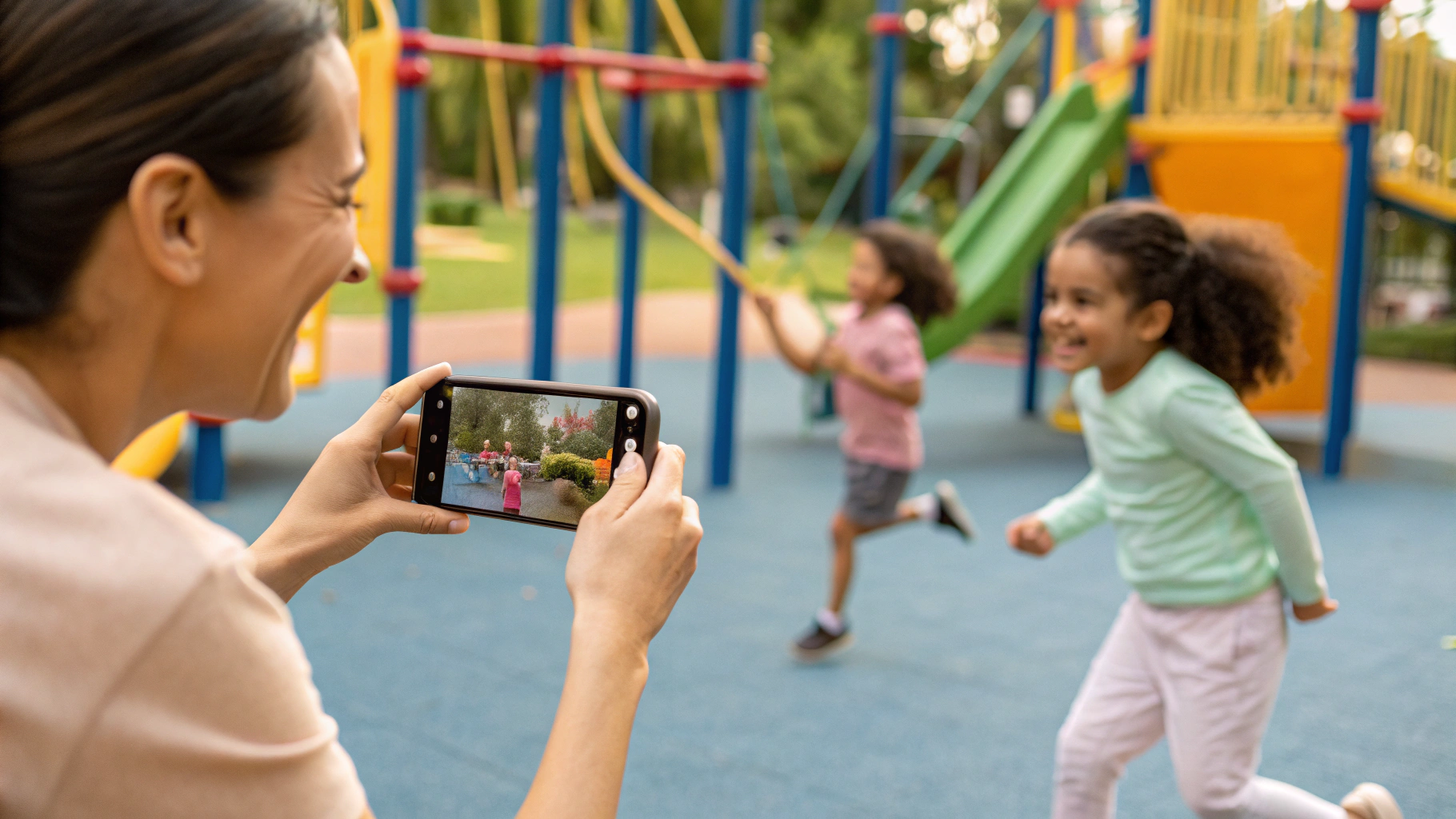 Родитель снимает на смартфон детей, бегущих по игровой площадке