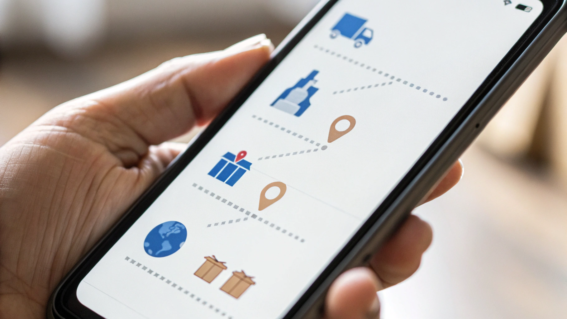 Экран смартфона с таймлайном отслеживания посылки и статусами доставки